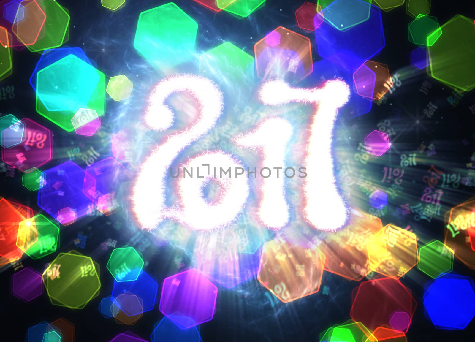 Happy new year 2017 isolated numbers written with light on bright polygonal bokeh background full of flying digits.