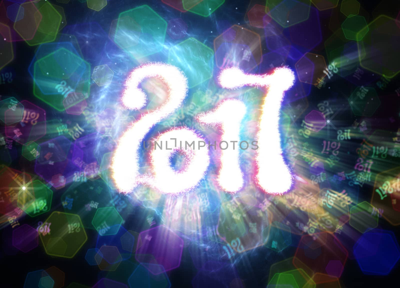 Happy new year 2017 isolated numbers written with light on bright polygonal bokeh background full of flying digits by skrotov