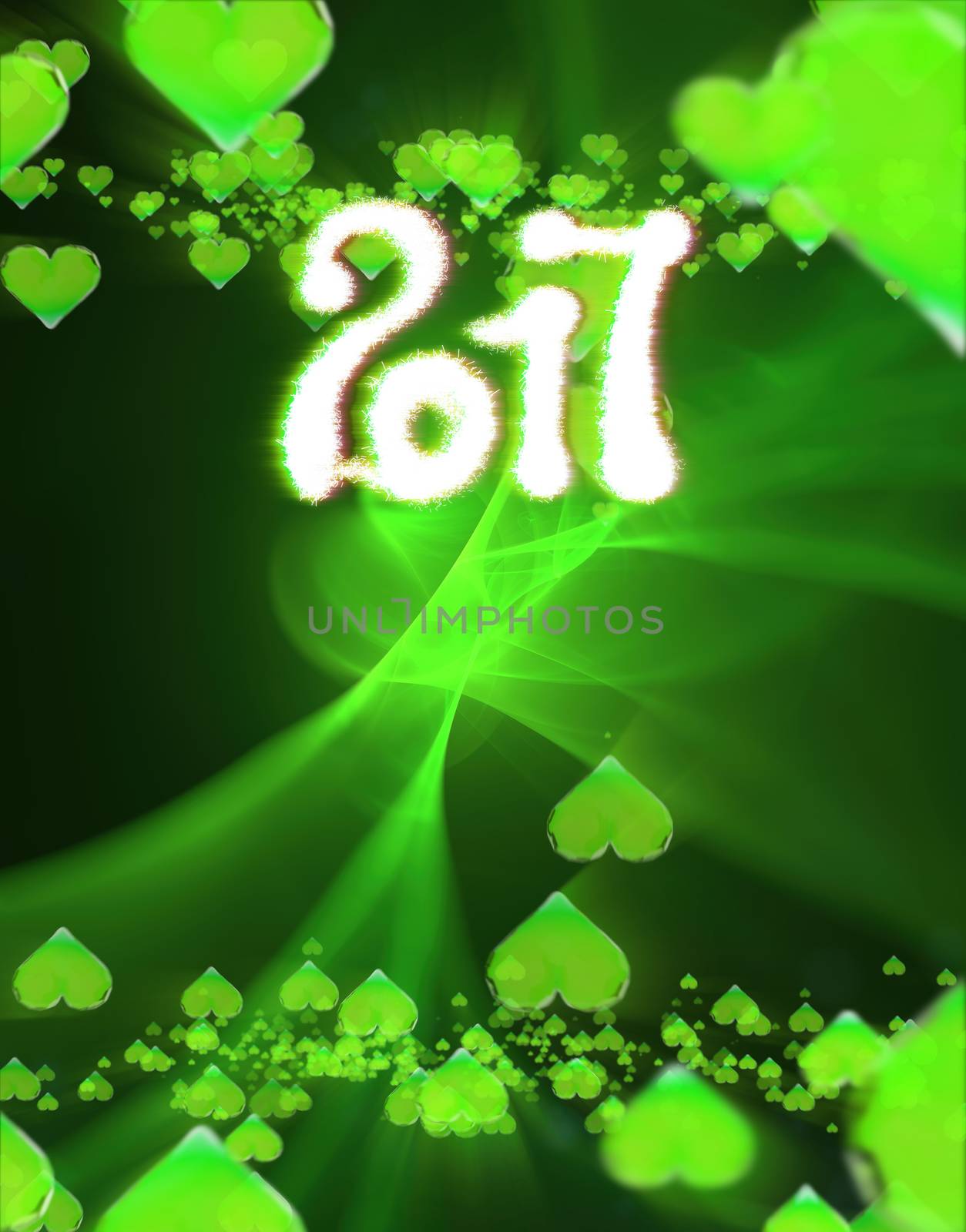 Happy new year 2017 isolated numbers written with light on dark bokeh background and red flying hearts 3d illustration.