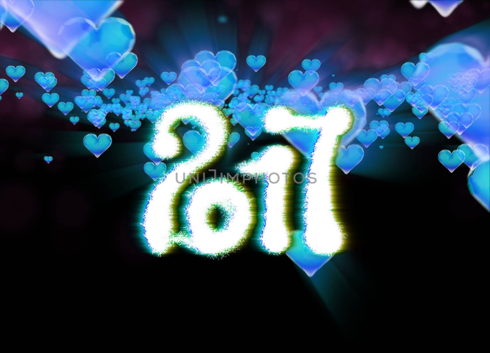 Happy new year 2017 isolated numbers written with light on dark bokeh background and red flying hearts 3d illustration by skrotov