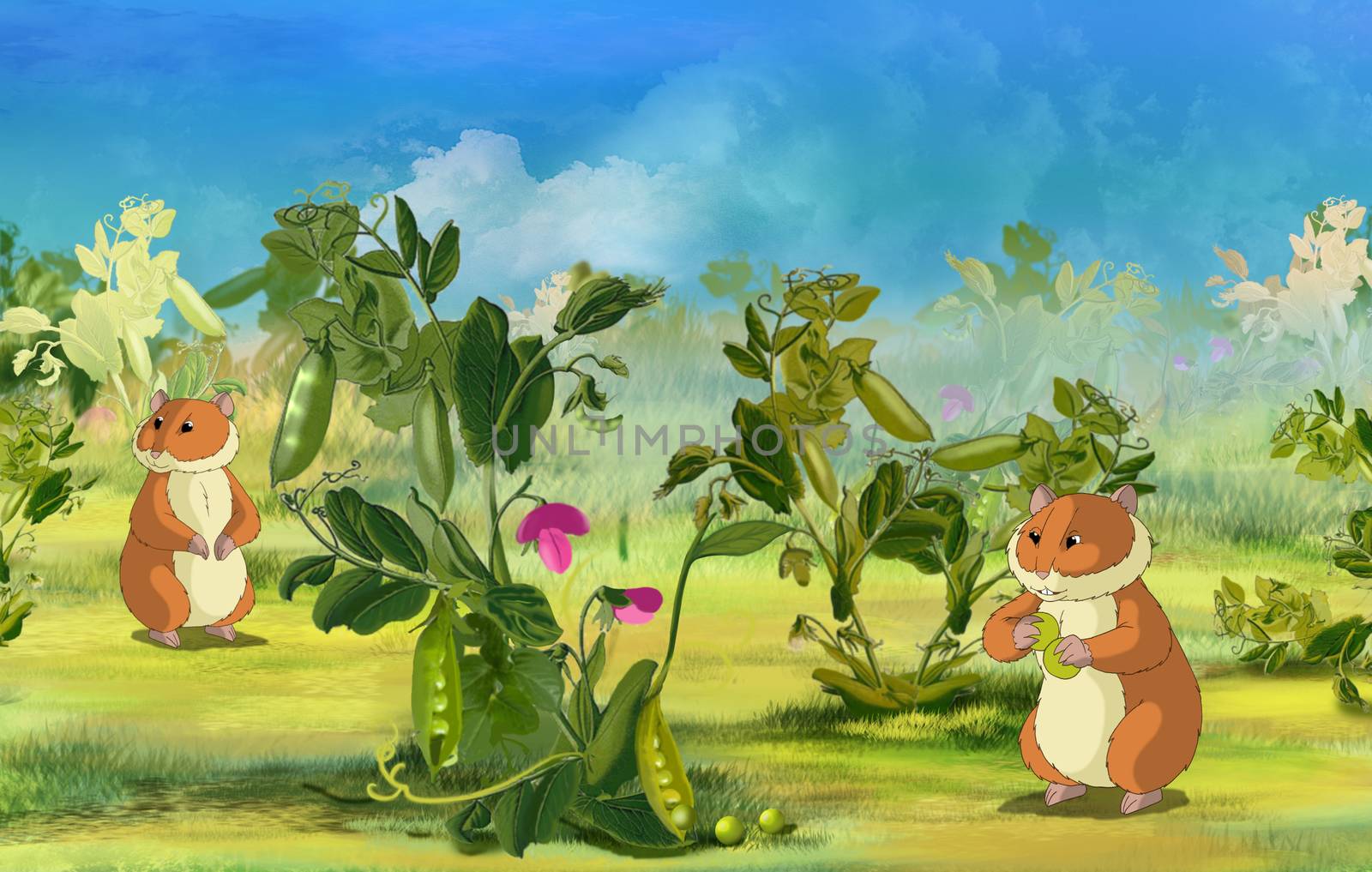 Two Hamsters on Pea Field. Digital painting  cartoon style full color illustration.