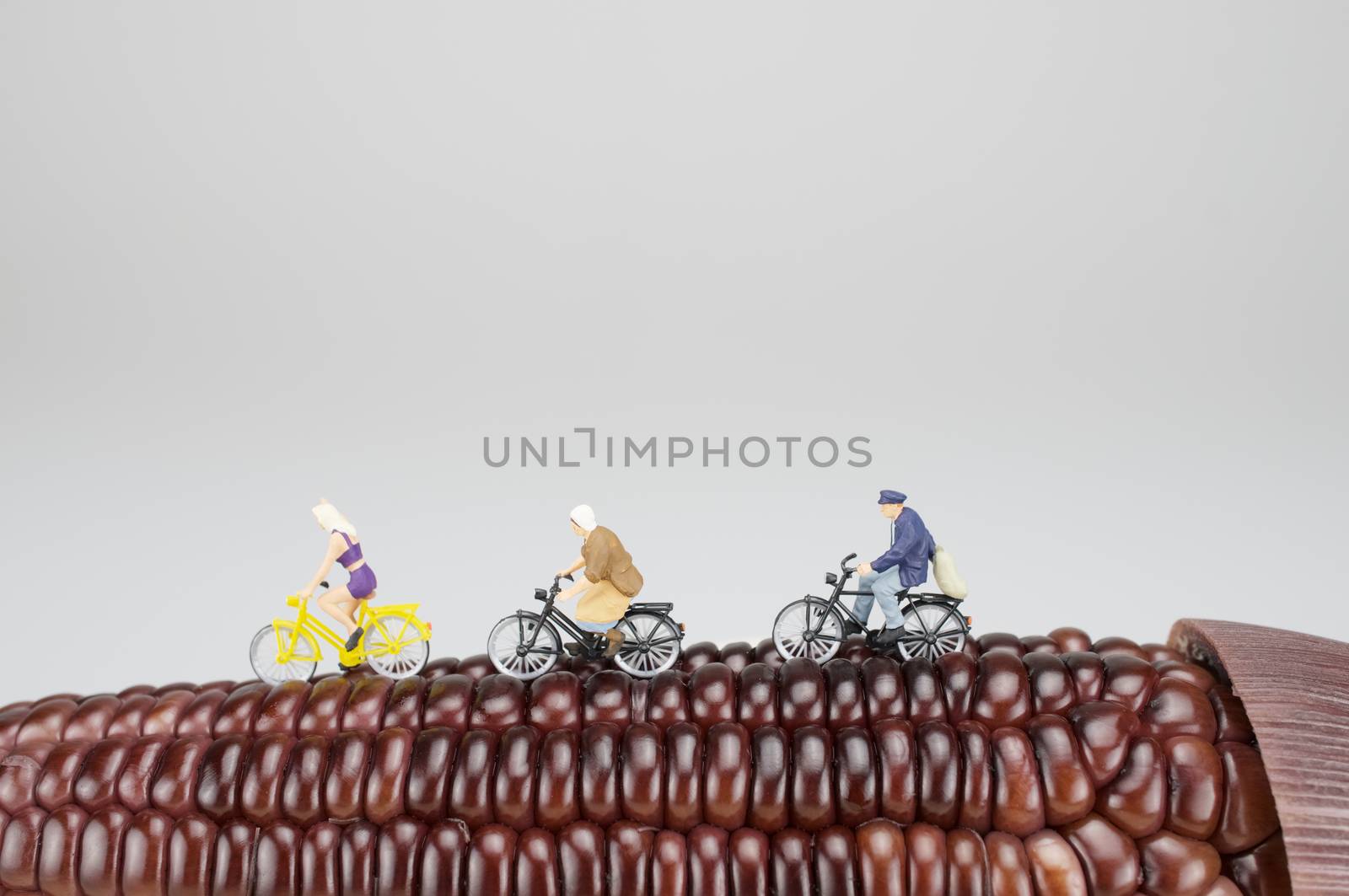 Miniature people are bicycling on corn by ninun