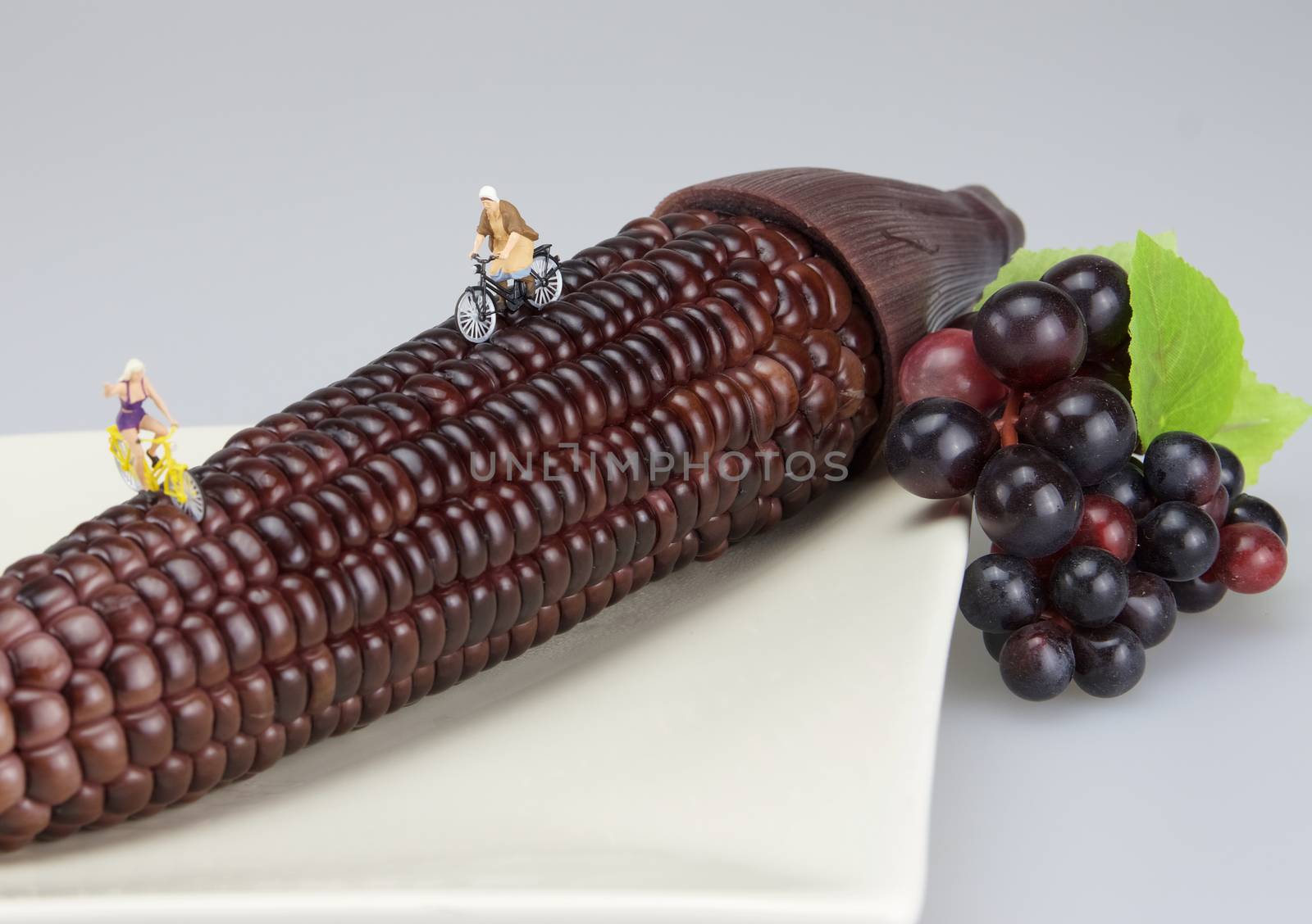 Two miniature people are cycling and greeting on black corn.