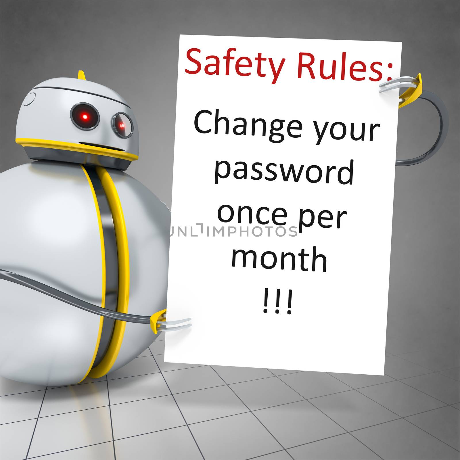 3d rendering of a sweet little robot holding safety rules board