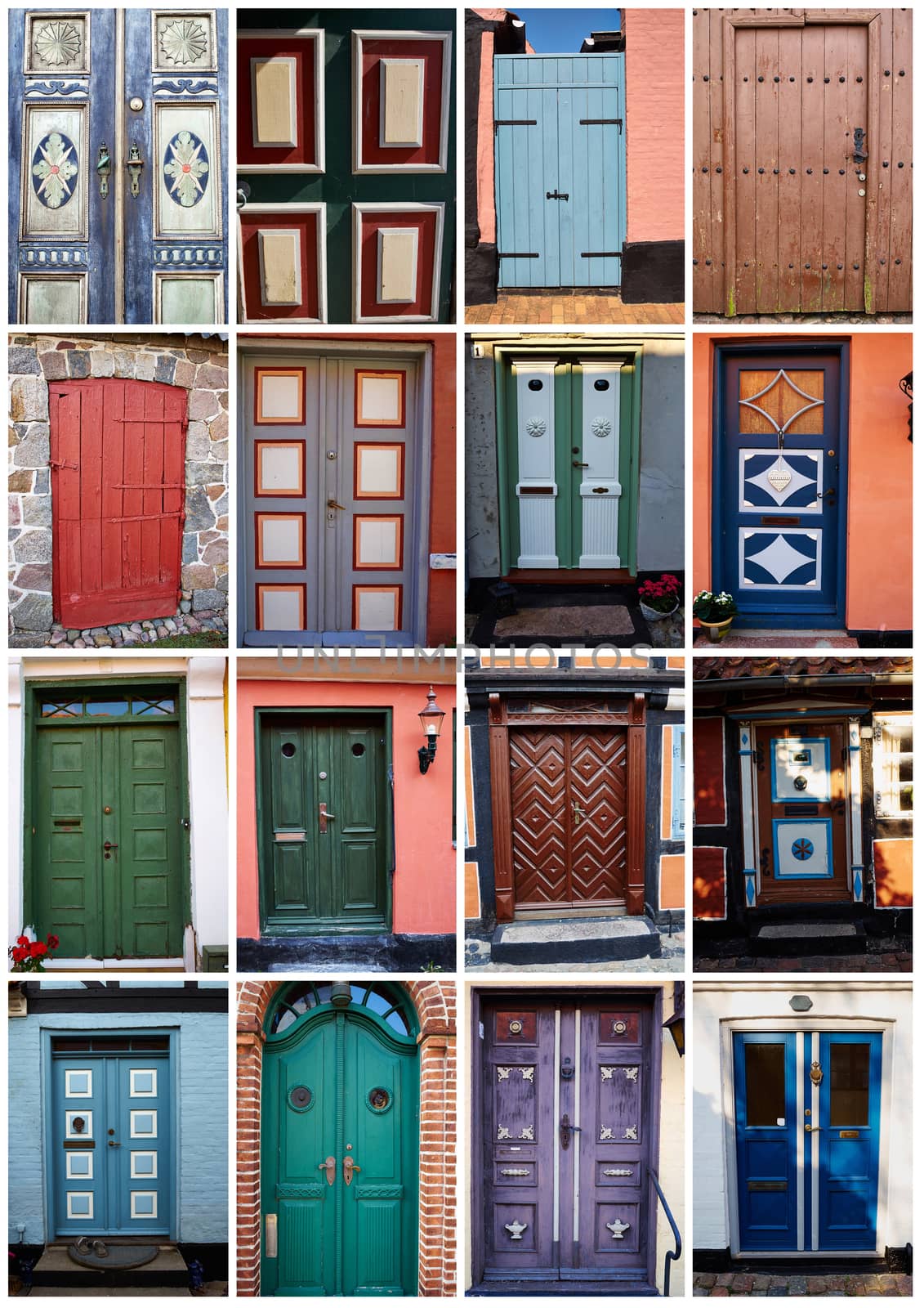 Collage with white border of traditional vintage colorful decorative front doors Denmark