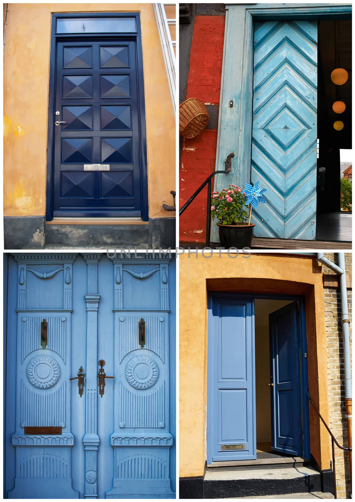 Collage with white border of traditional vintage colorful decorative front doors Denmark