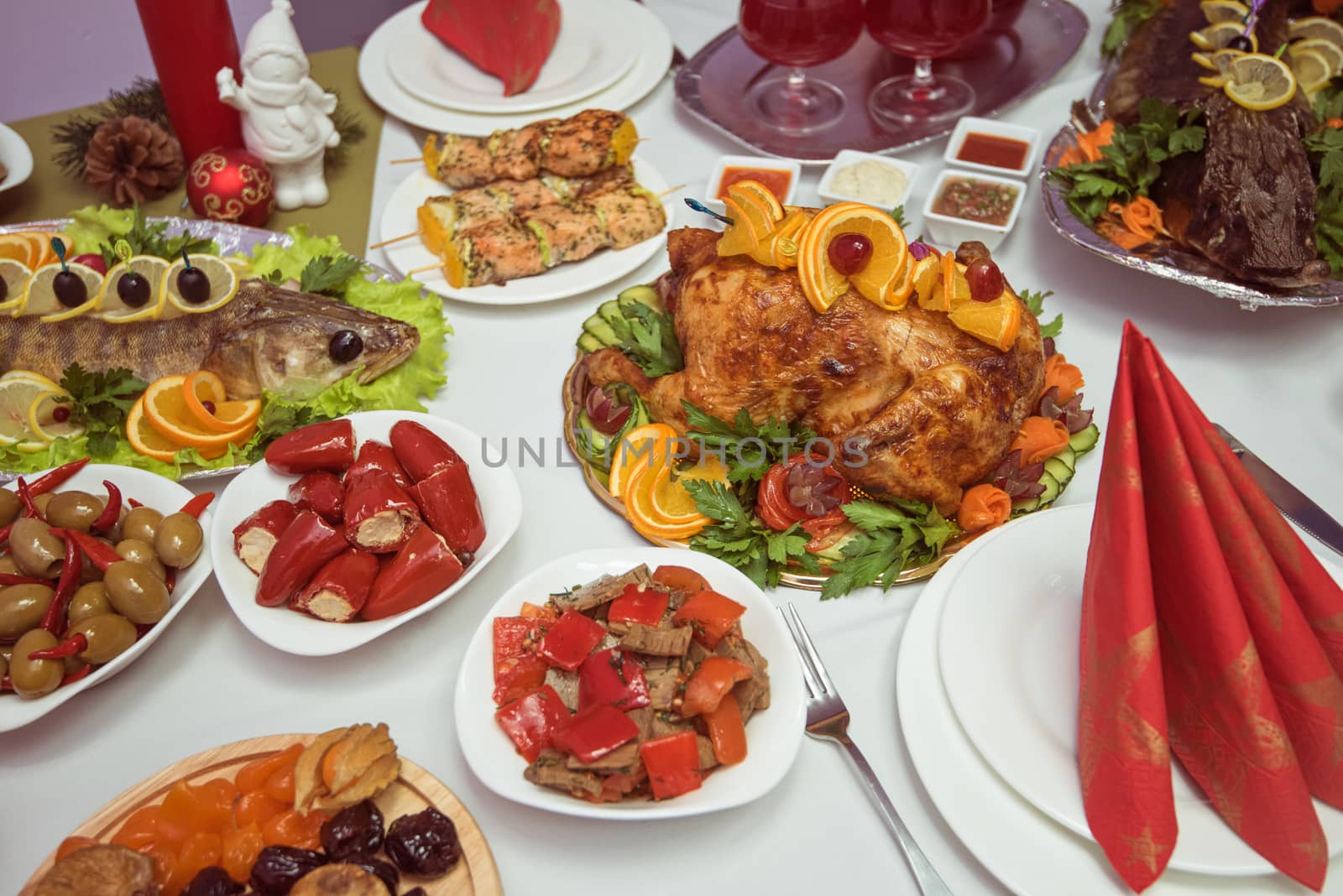 Lots of traditional festive food on table. Christmas table.