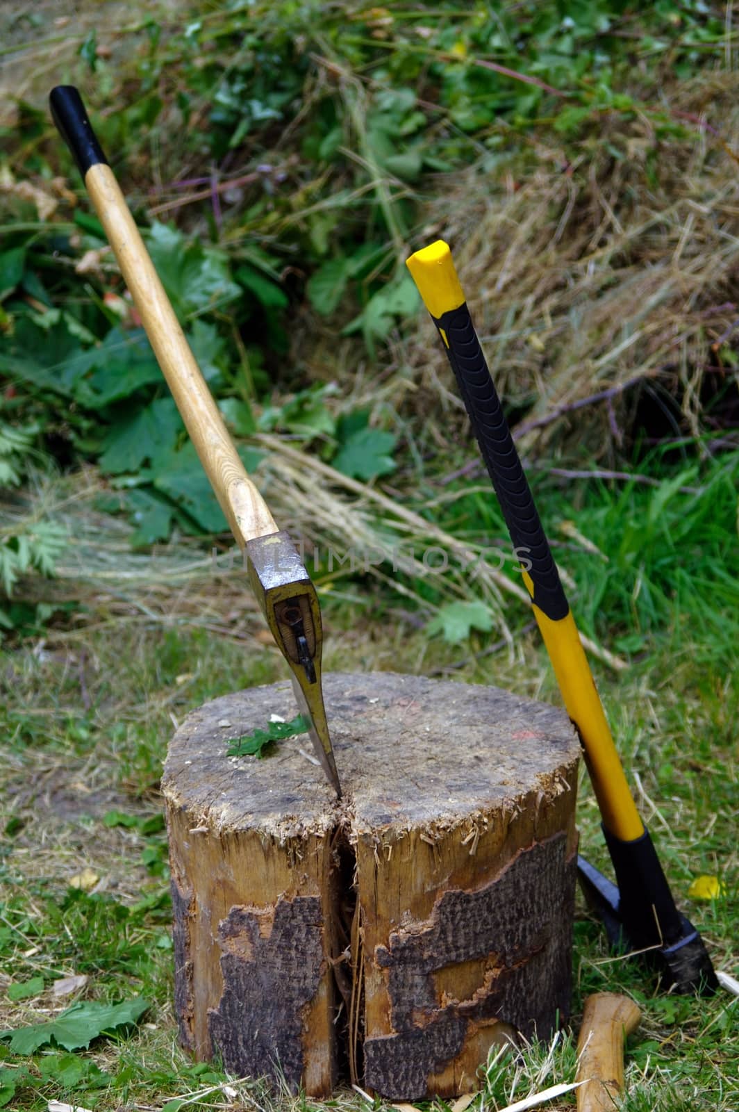 Ax in the deck on a background of green grass and firewood