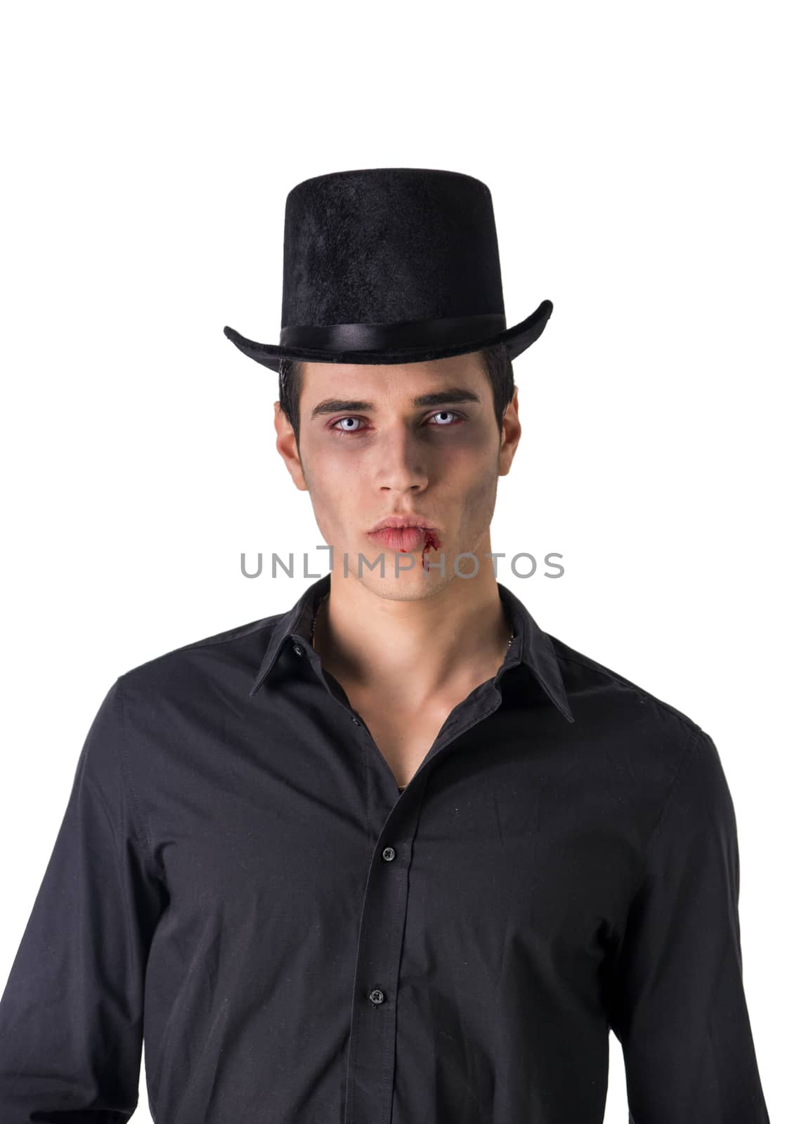 Portrait of a Young Vampire Man with High Hat and Black T-Shirt, Looking at the Camera, Isolated on White Background.