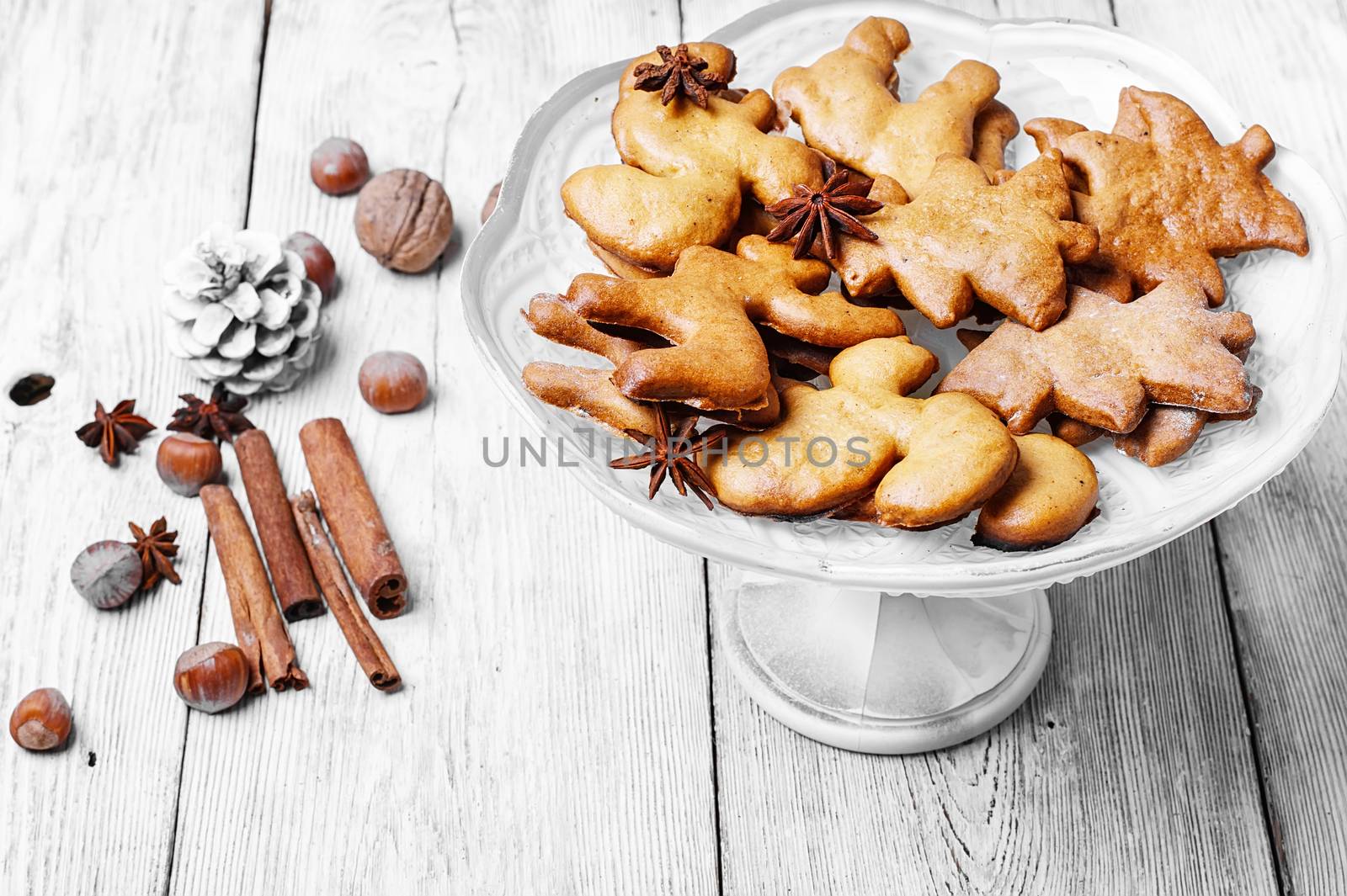 Home baking Christmas cookies in bright white vase