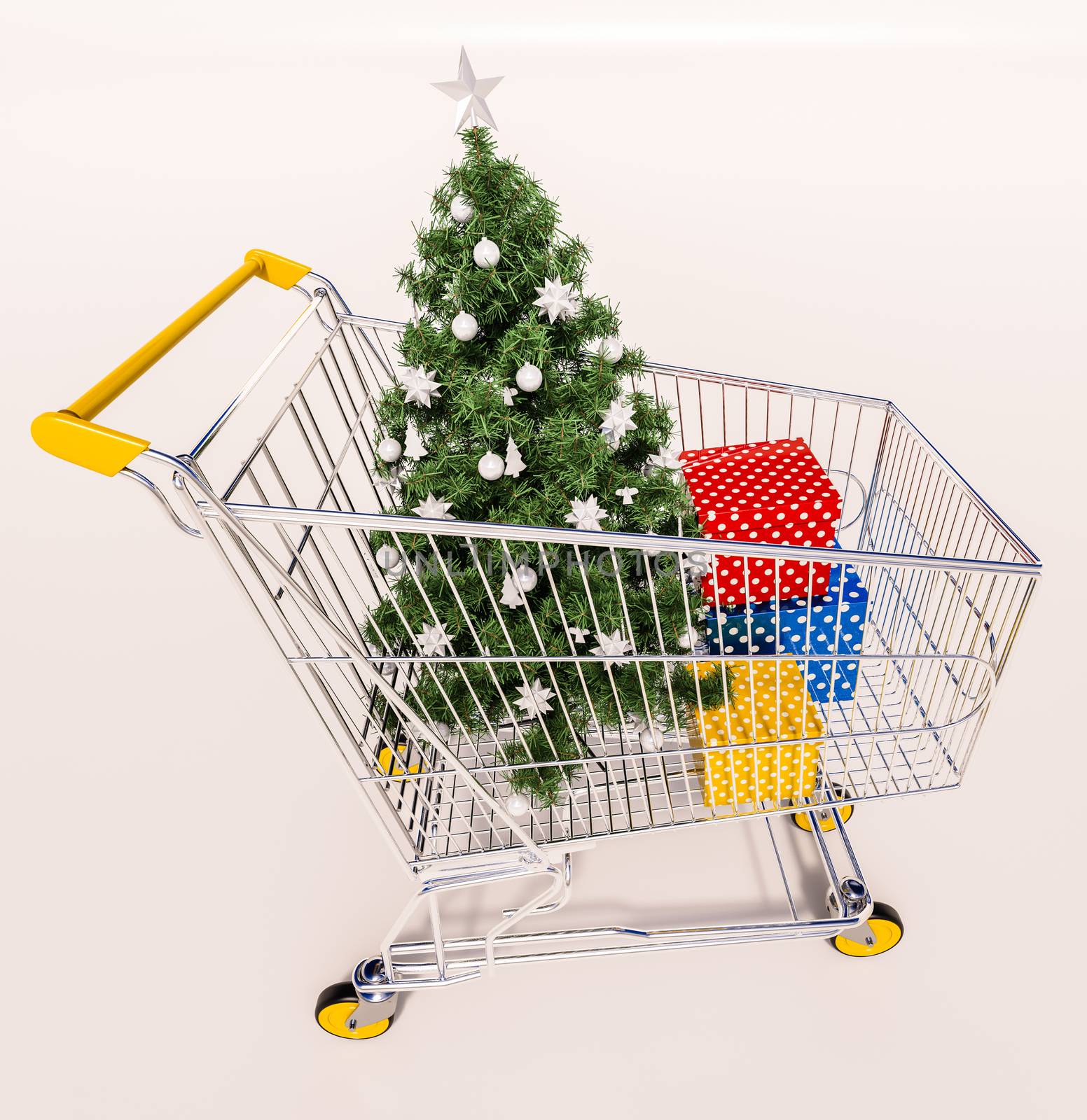 Happy New Year! Merry Christmas! Choosing a Christmas or New Year Gift,  Closeup Of A Shopping Cart With Gifts, Family Christmas Shopping, Christmas Tree Presents In Shopping Basket, Christmas Sale
