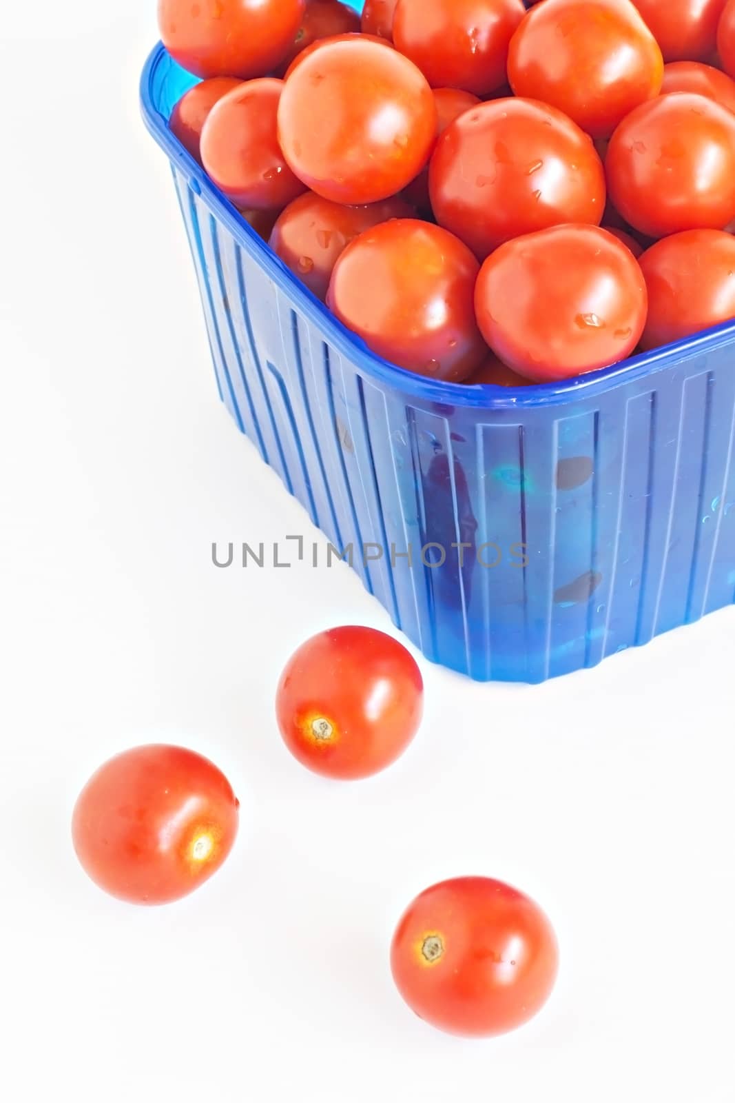 blue plastic box full of tomatoes isolated.