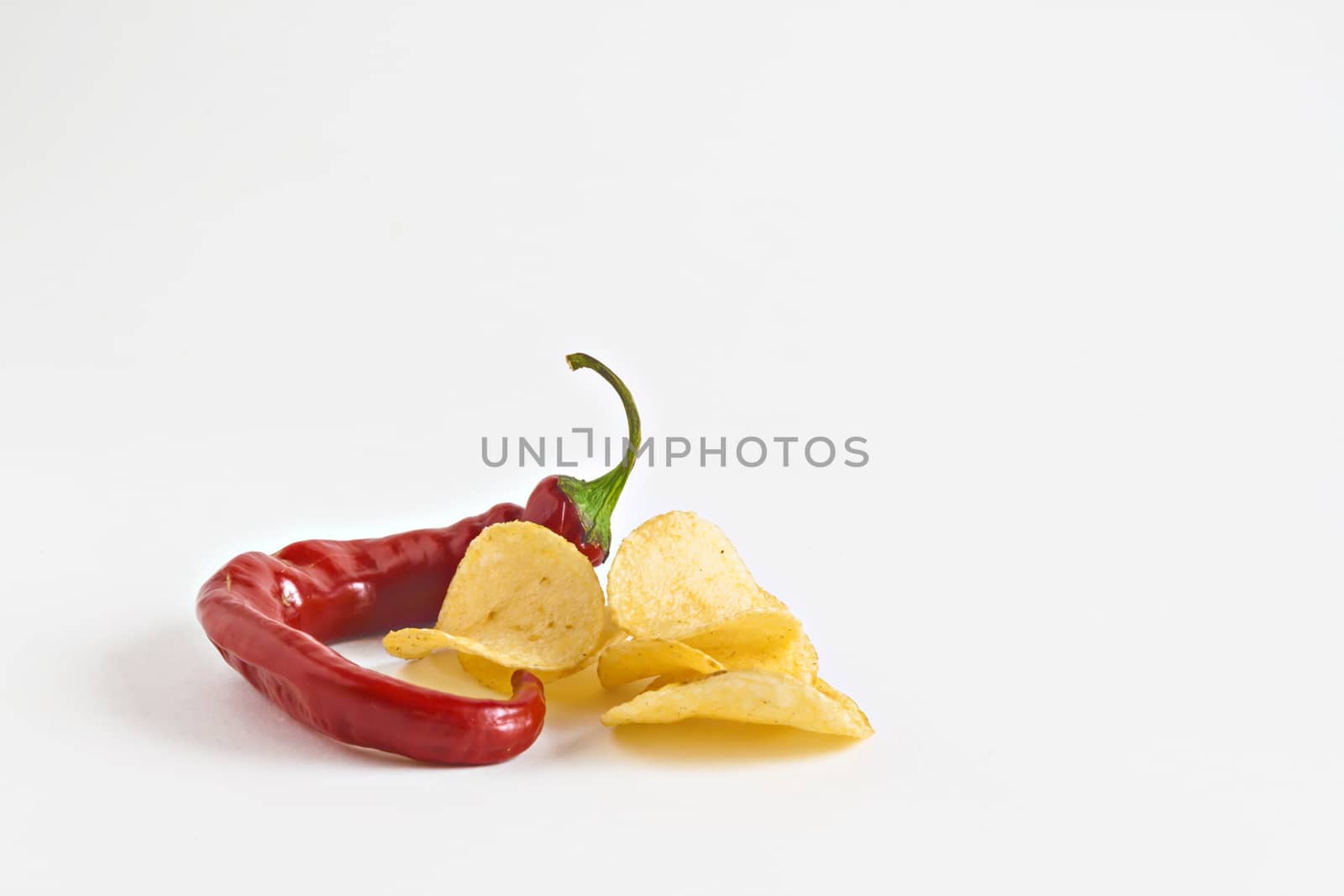 potato chips and chili in isolated white plate.