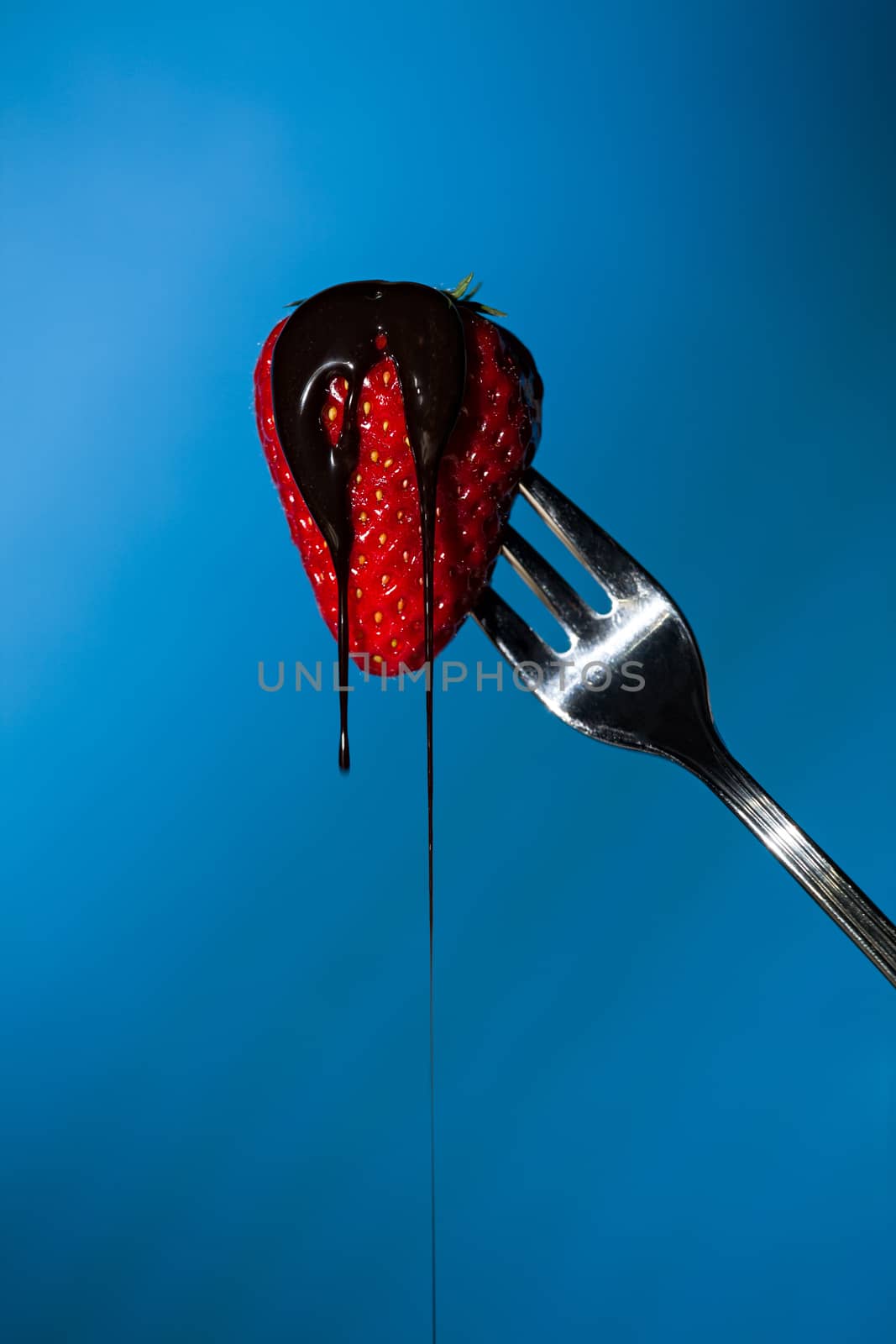 Close up of a strawberry suspended from a fork with liquid choco by LuigiMorbidelli