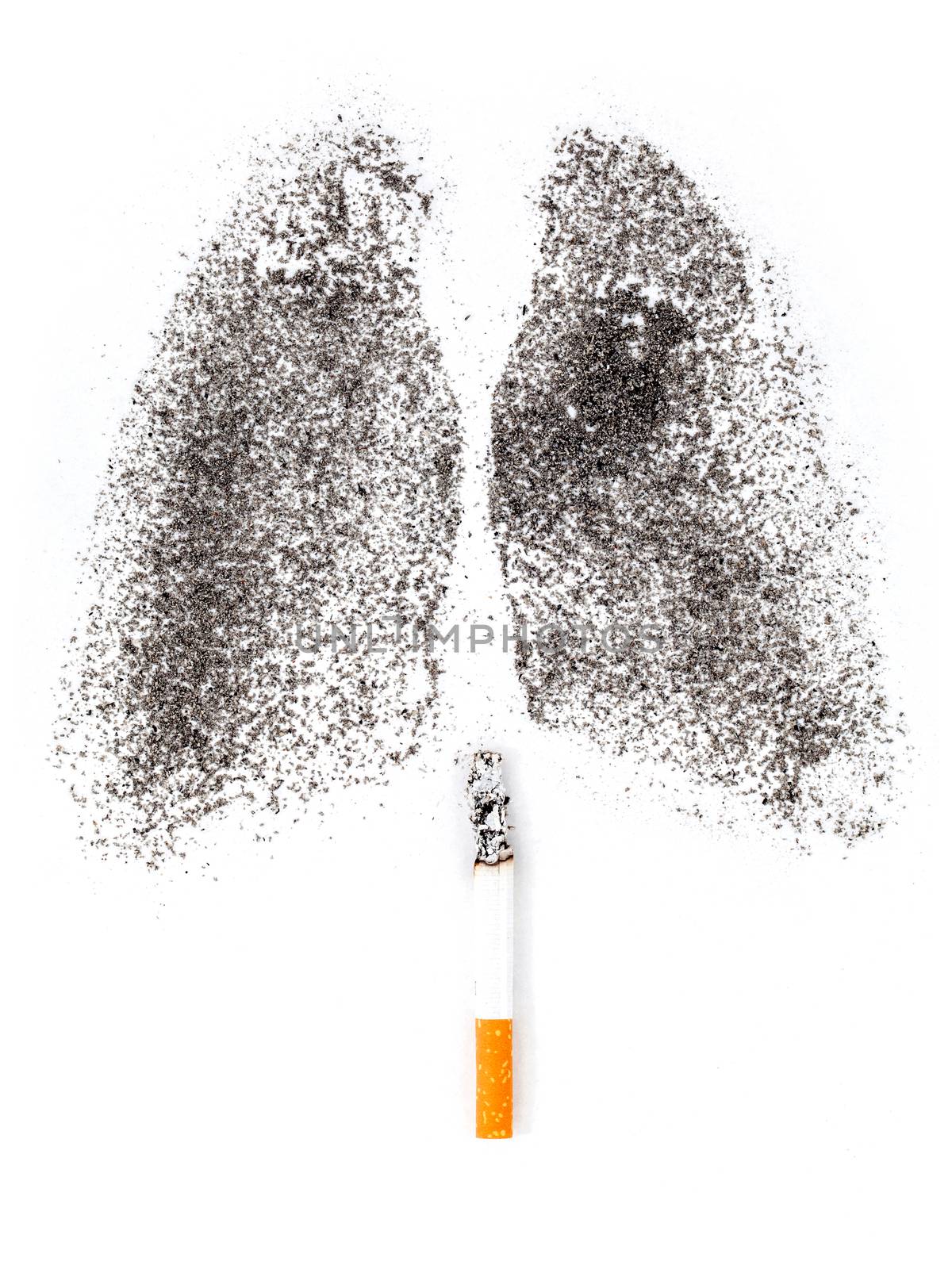 Shape of lungs with charcoal powder and cigarette on white backg by kerdkanno