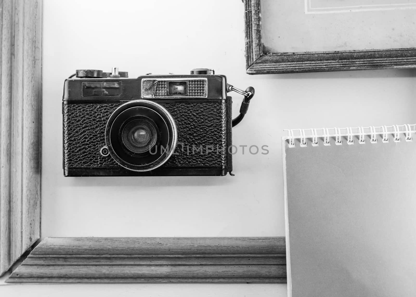 Memoirs, diaries, cameras, old frame white background notebook