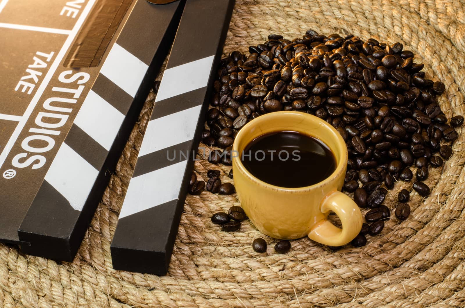 Cup of coffee with slate on a jute rope.