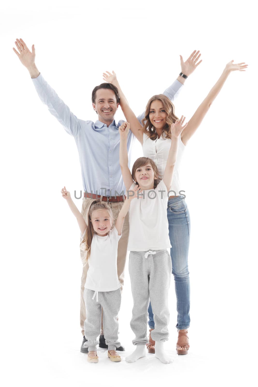 Happy family with raised hands up isolated on white background