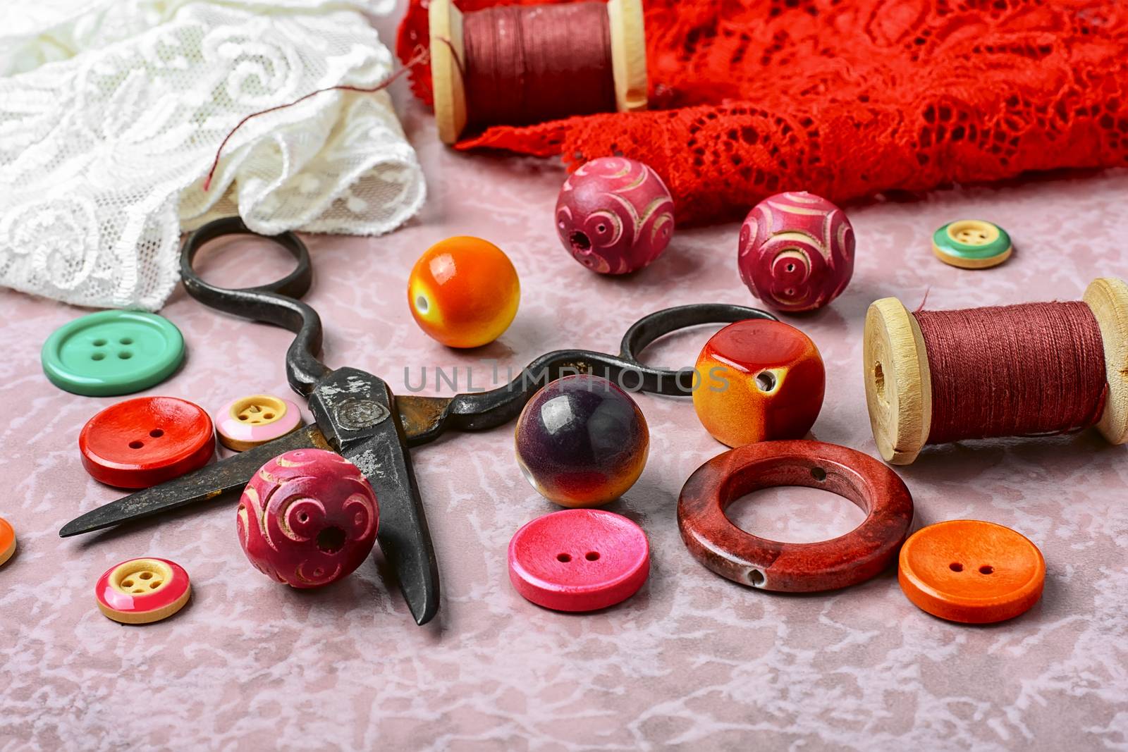 Accessories for handmade.Buttons,beads and lace decorations for crafts