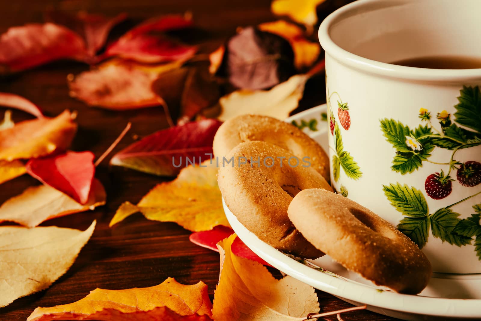 Closeup of cup of tea with biscuits and autumnal foliage by LuigiMorbidelli