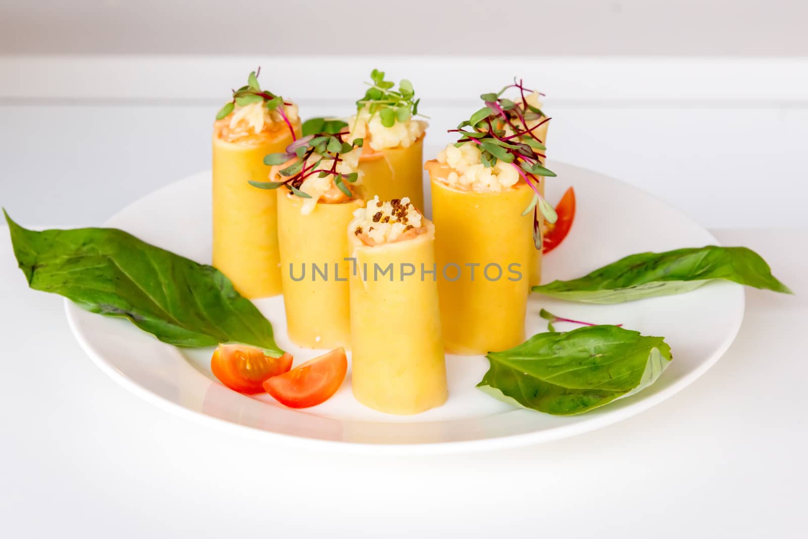 appetizer - cheese rolls with meat and vegetables by vlaru