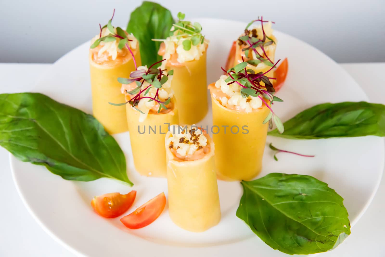 the appetizer - cheese rolls with meat and vegetables