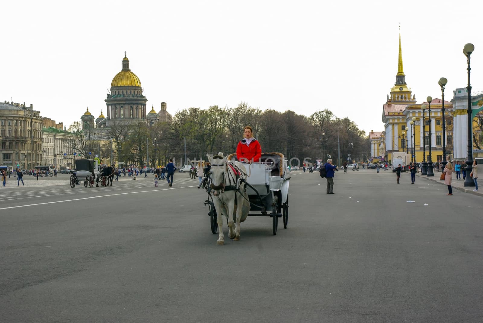 ST. PETERSBURG, RUSSIA - JANUARY 01, 2008:Carriage with horses on the Palace Square with view to the Kazan Cathedral Cathedral of Our Lady of Kazan , in Saint Petersburg, Russia by evolutionnow