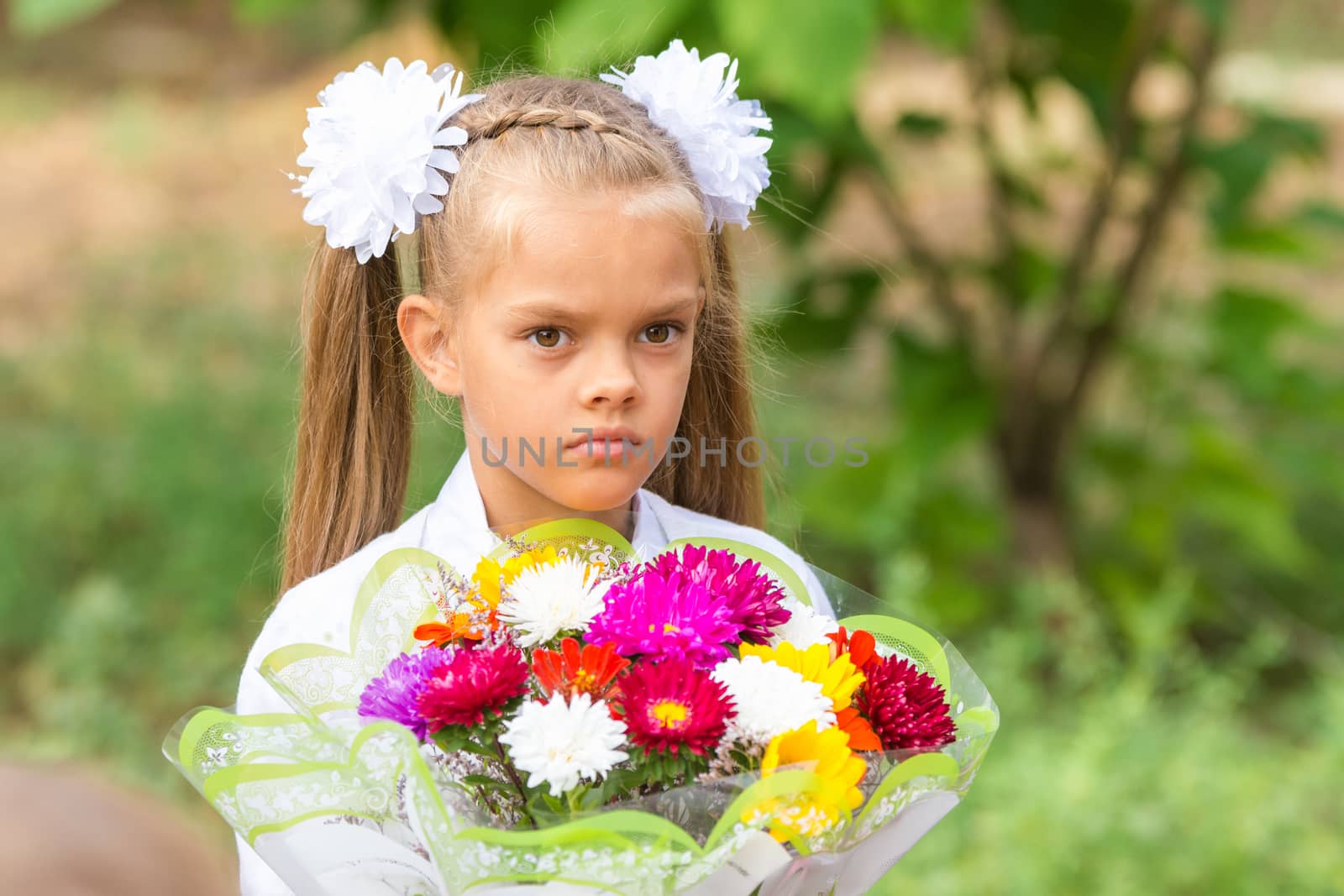 Portrait of a seven-year schoolgirl with a big bouquet in hands