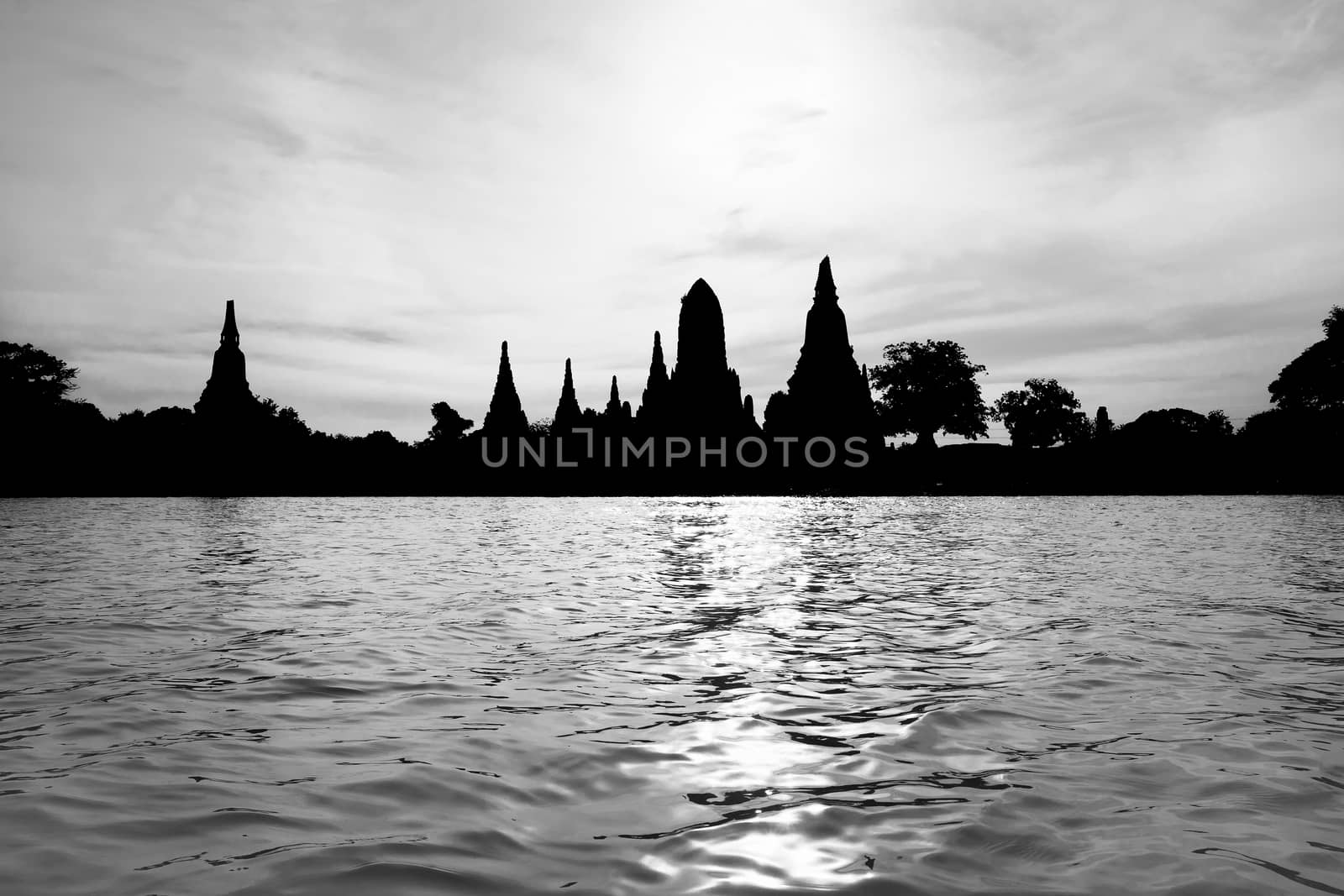 Silhouette pagoda black and white in thailand for background