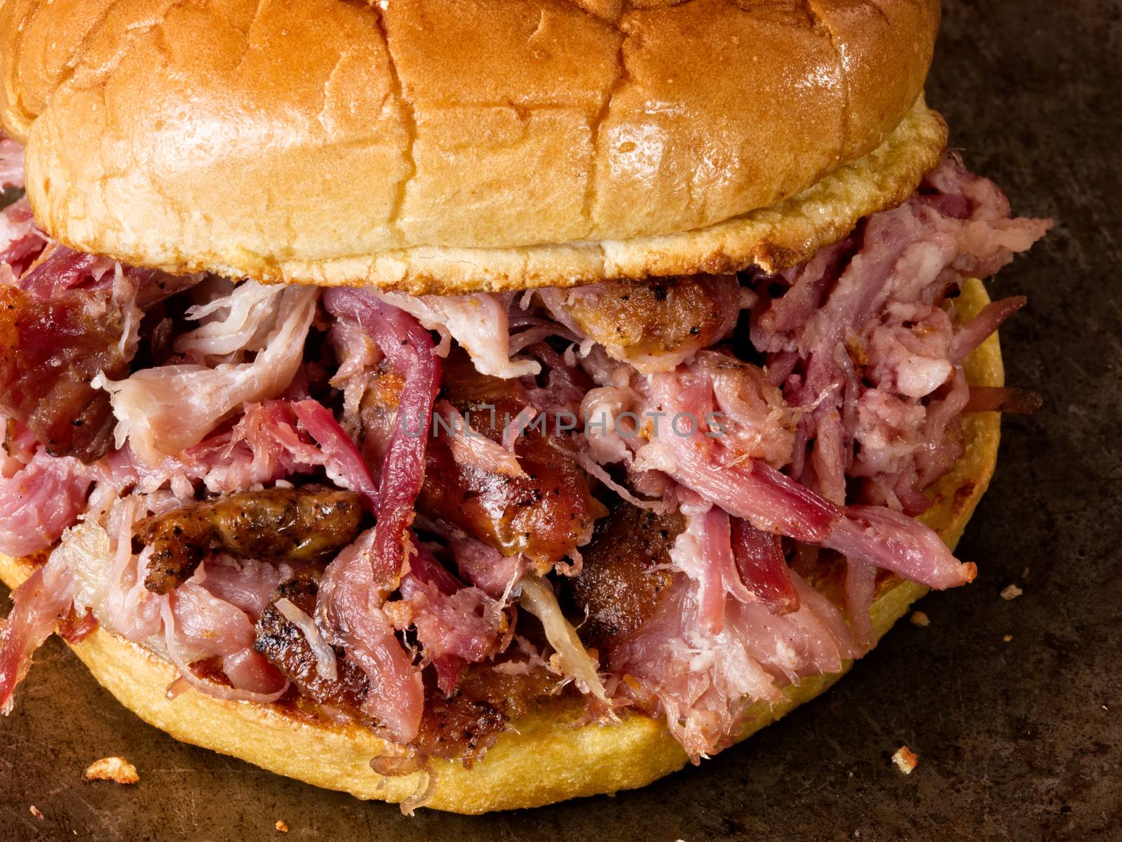 close up of rustic american pulled pork sandwich