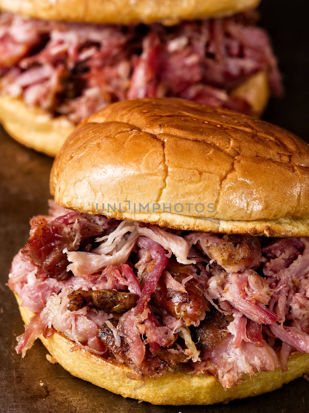 close up of rustic american pulled pork sandwich