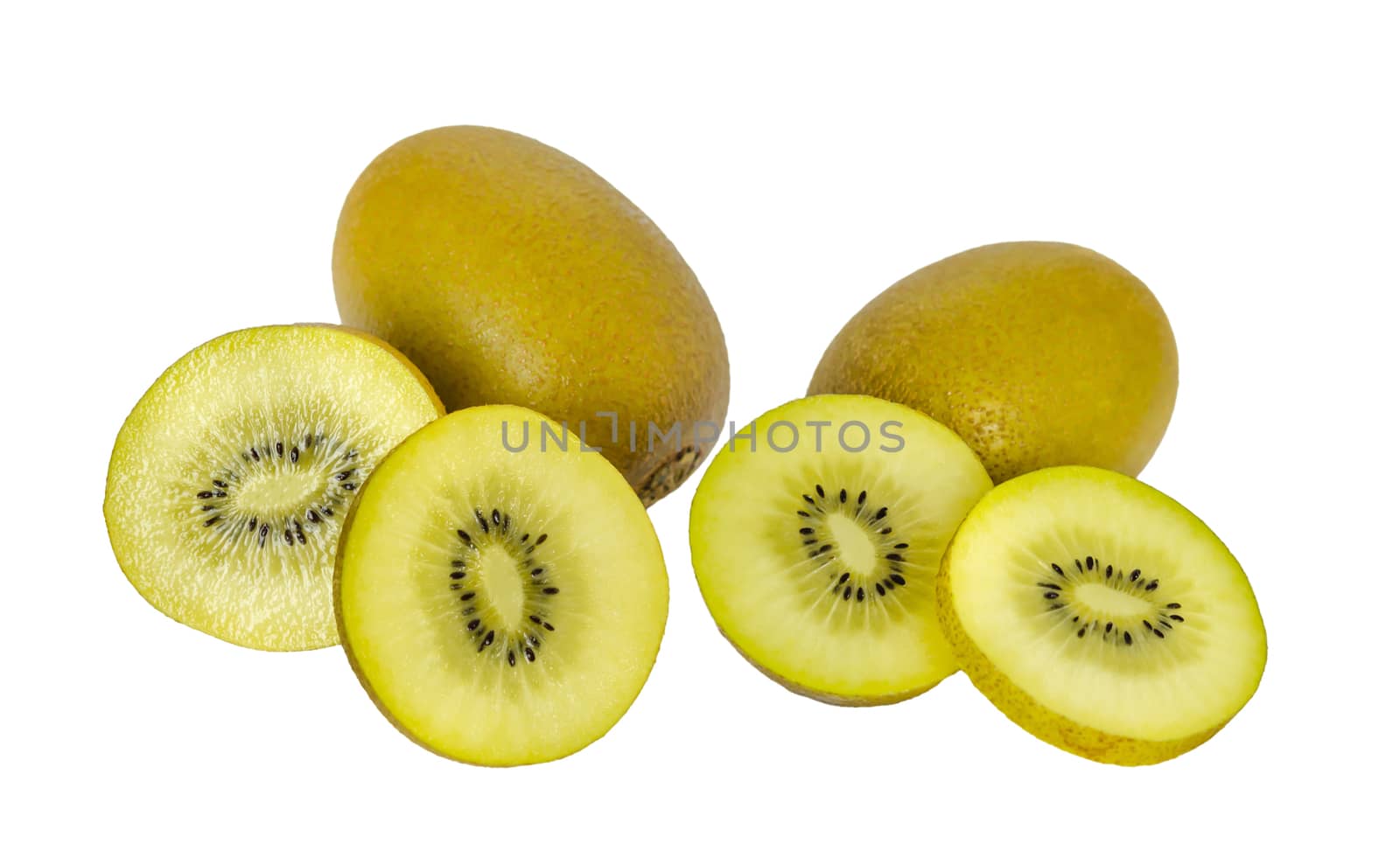 delicious whole kiwi fruit and half on white background