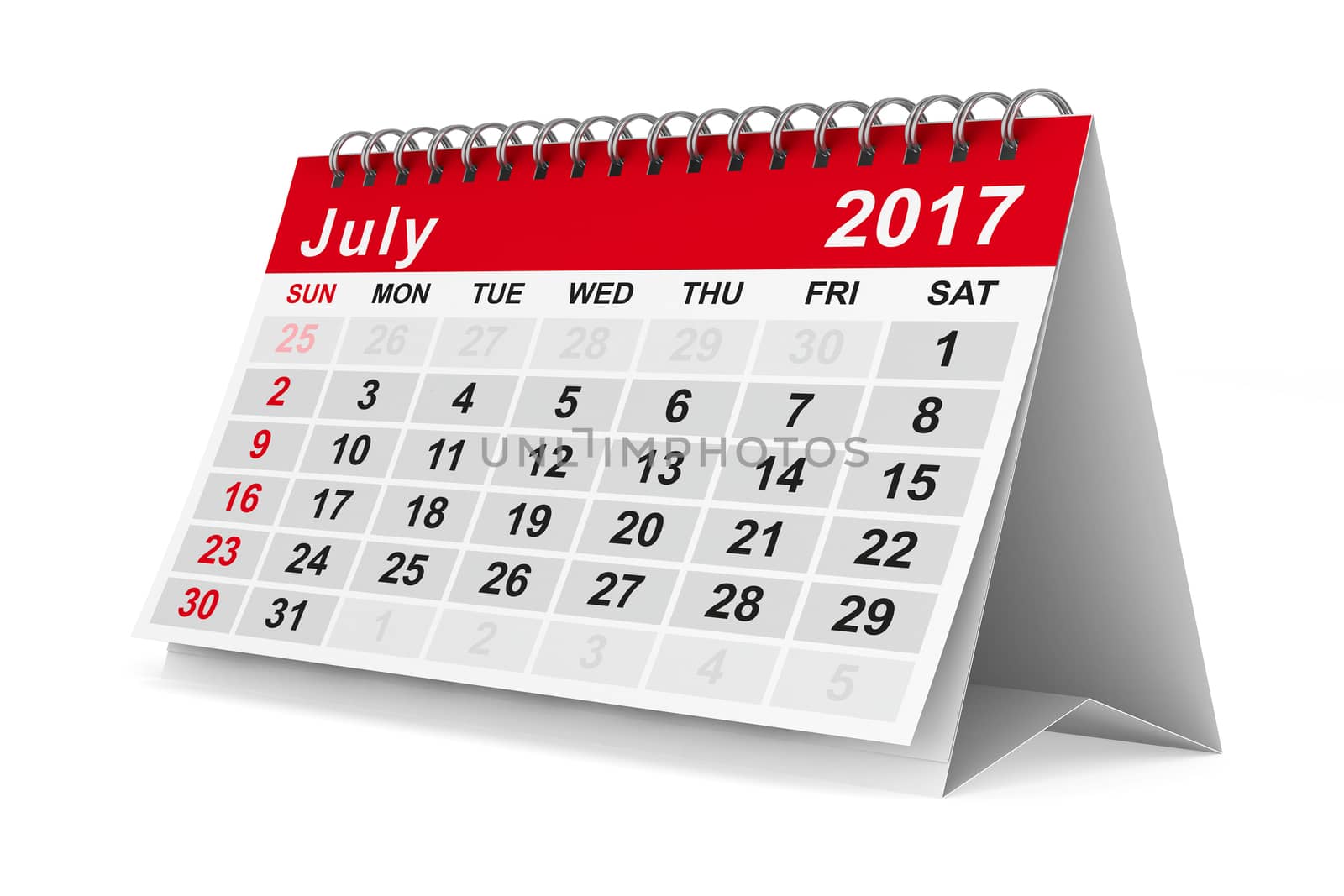 2017 year calendar. July. Isolated 3D image