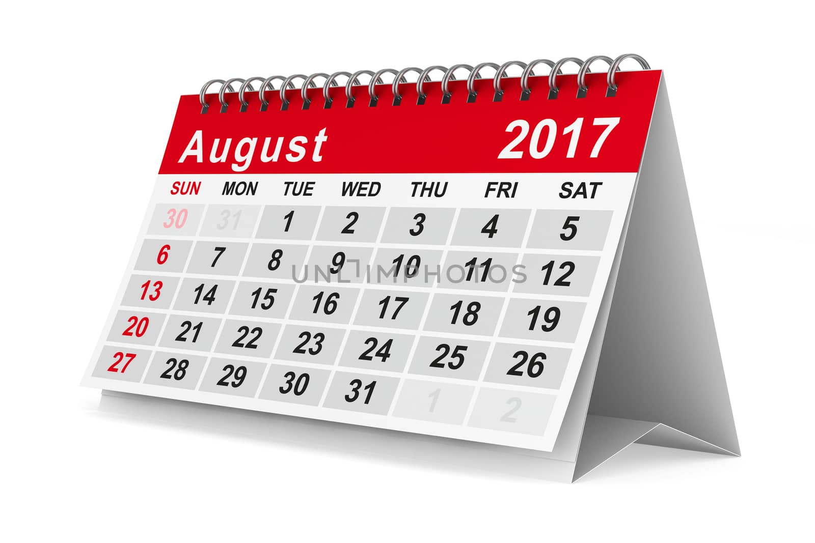 2017 year calendar. August. Isolated 3D image