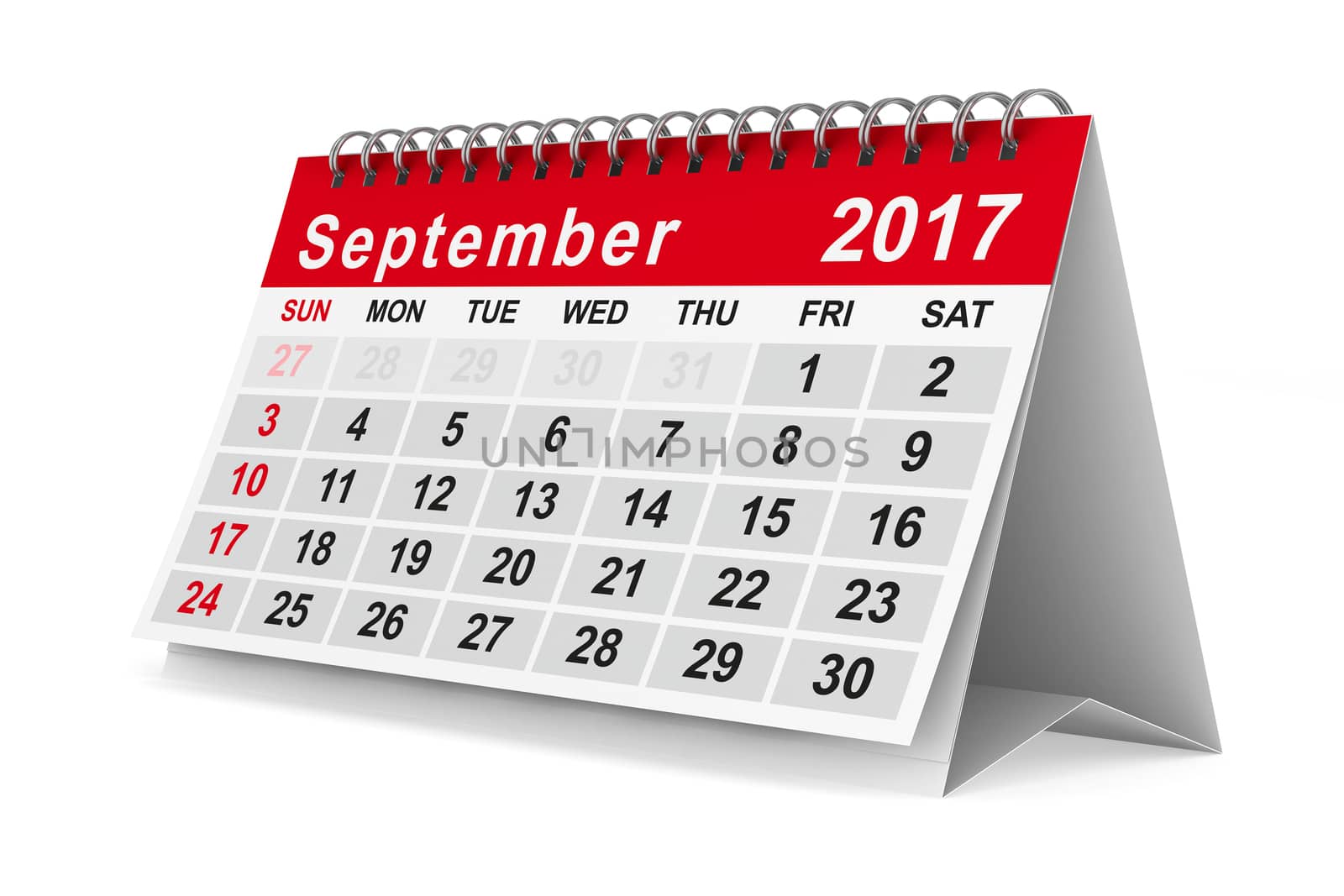 2017 year calendar. September. Isolated 3D image