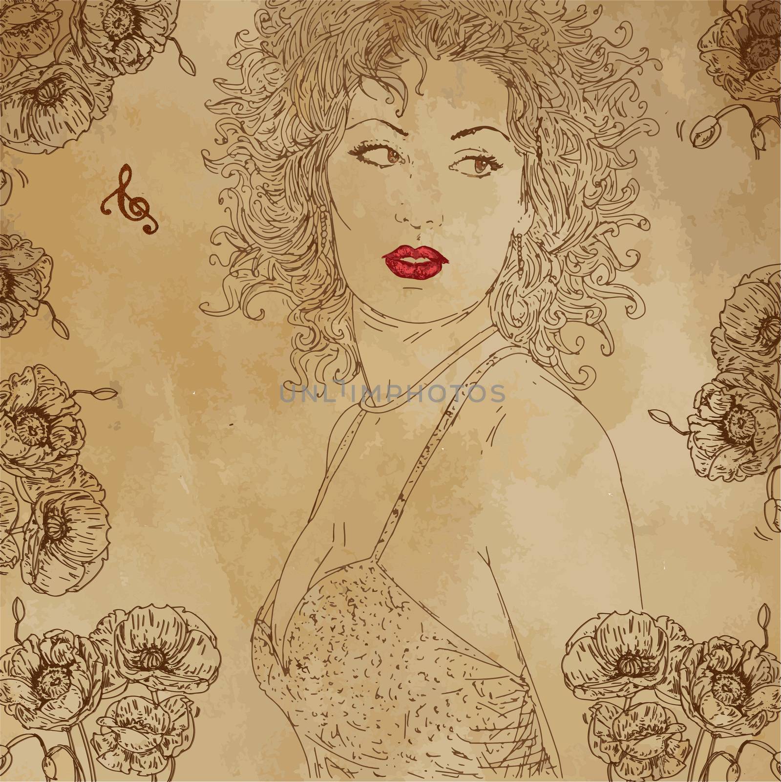Curly woman with flower frame