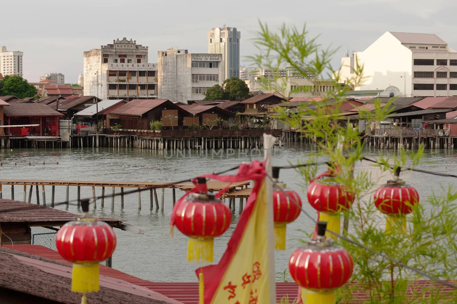 GEORGETOWN, MALAYSIA - NOVEMBER 18,2016: a closeup view of Hean Boo Thean Kuanyin Chinese Buddhist temple in Clan Jetties. Built on stilts over the harbor George Town by evolutionnow