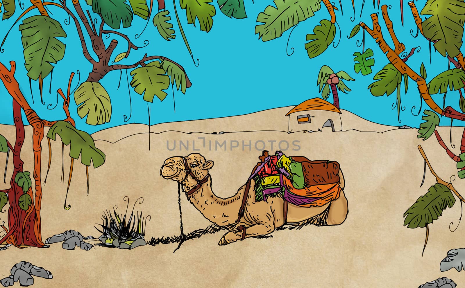 Tropical forest with plants and birds and a camel sleeping