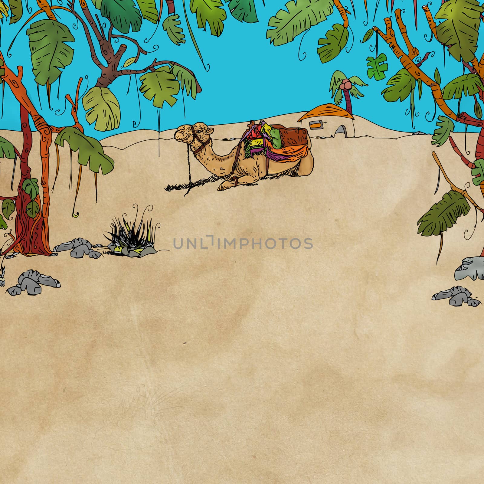 Tropical forest with plants and birds and a camel sleeping