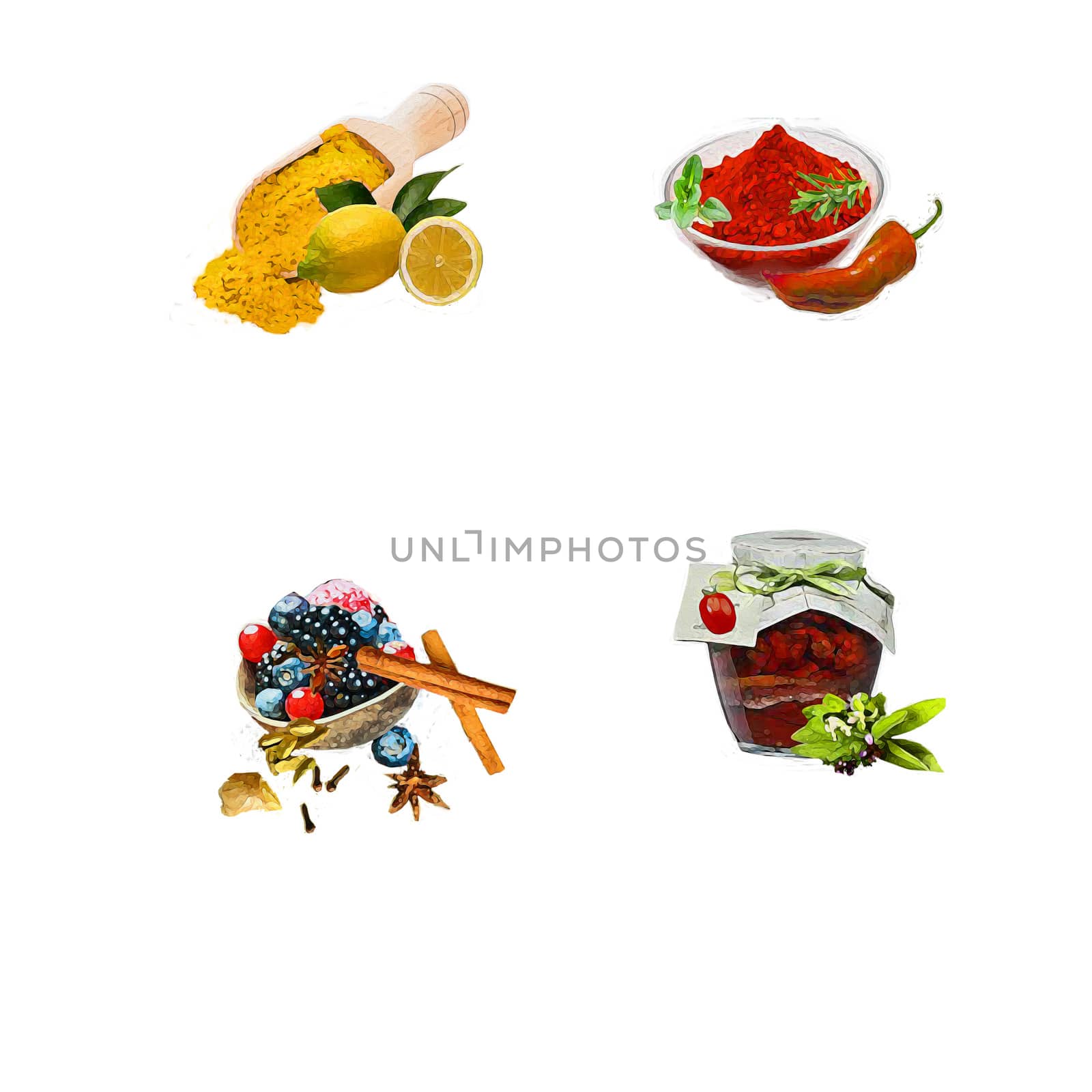 Cinnamon, chili, tomatoes, dried, paprika, fruits, forest, spices,
illustration,