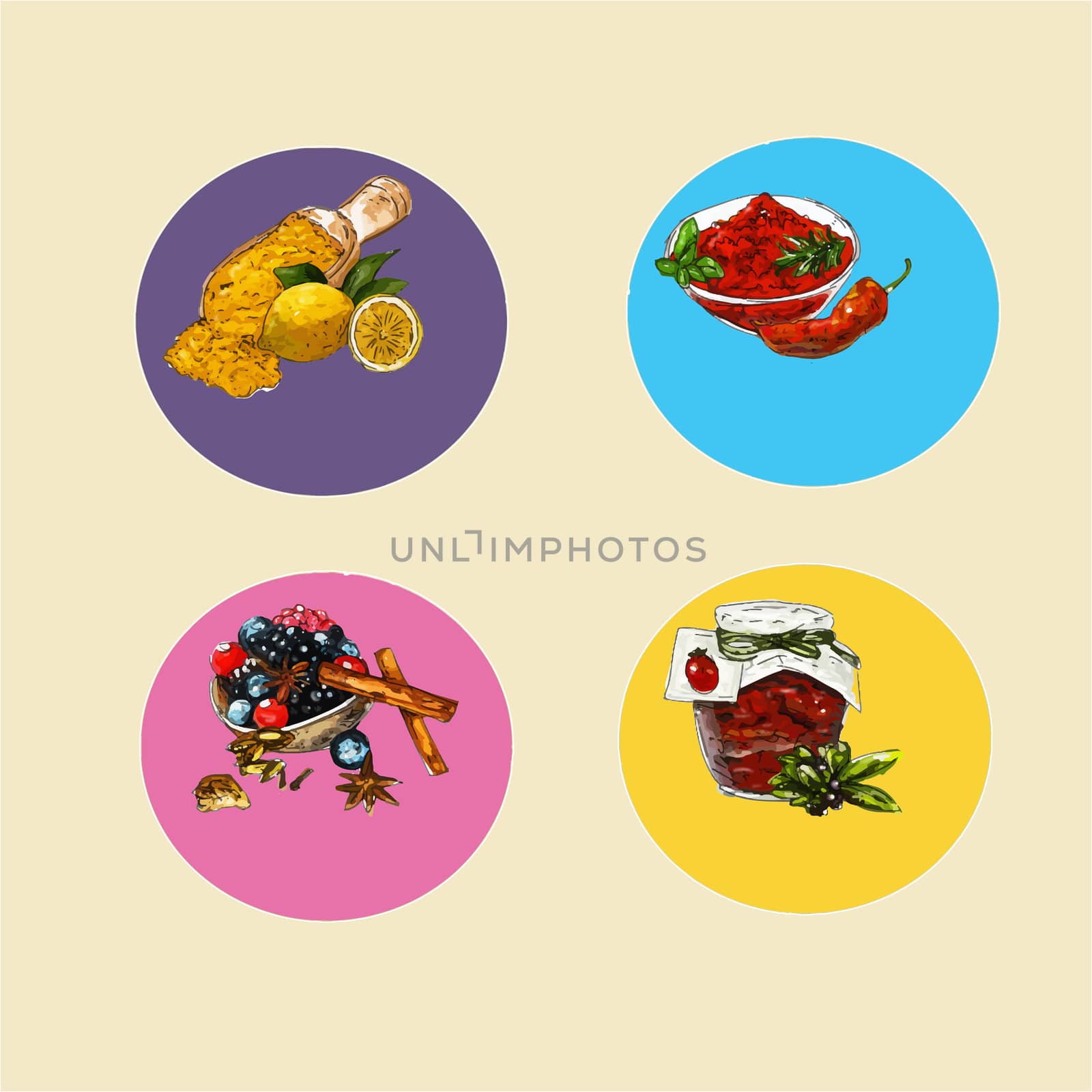 Cinnamon, chili, tomatoes, dried, paprika, fruits, forest, spices,
illustration,