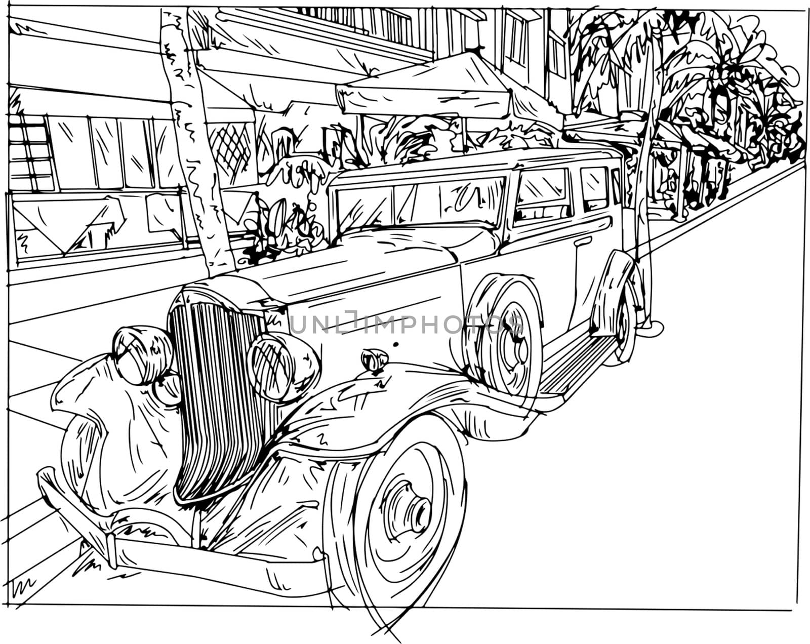 Ancient car with palm road