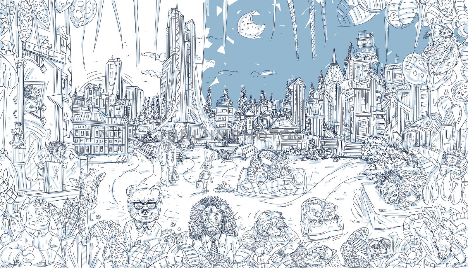 The fantastic city with animals, moon and skyscrapers
With plants and leaves that make it a frame