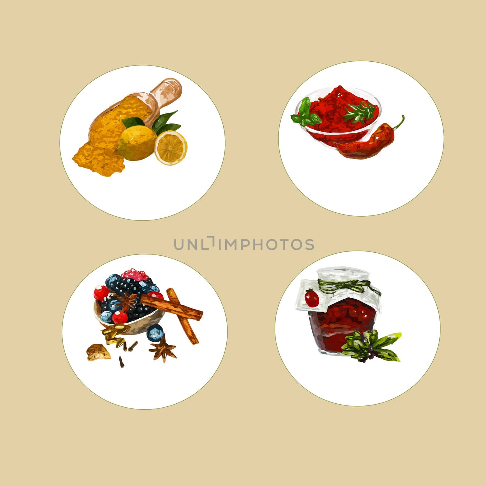 Cinnamon, chili, tomatoes, dried, paprika, fruits, forest, spices,
illustration,