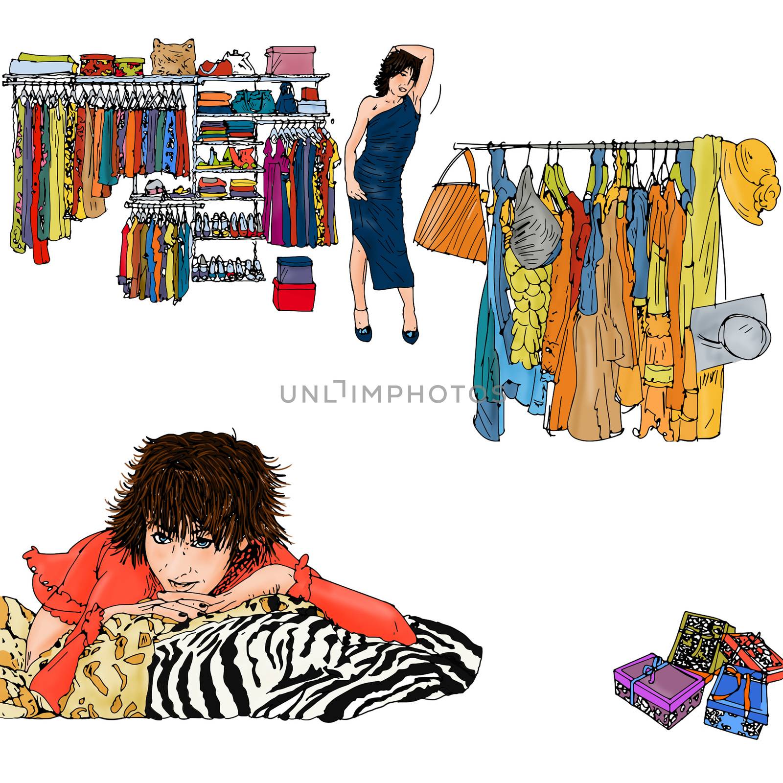 woman with wardrobes choosing clothes with objects, shoes and bags by silviagaudenzi