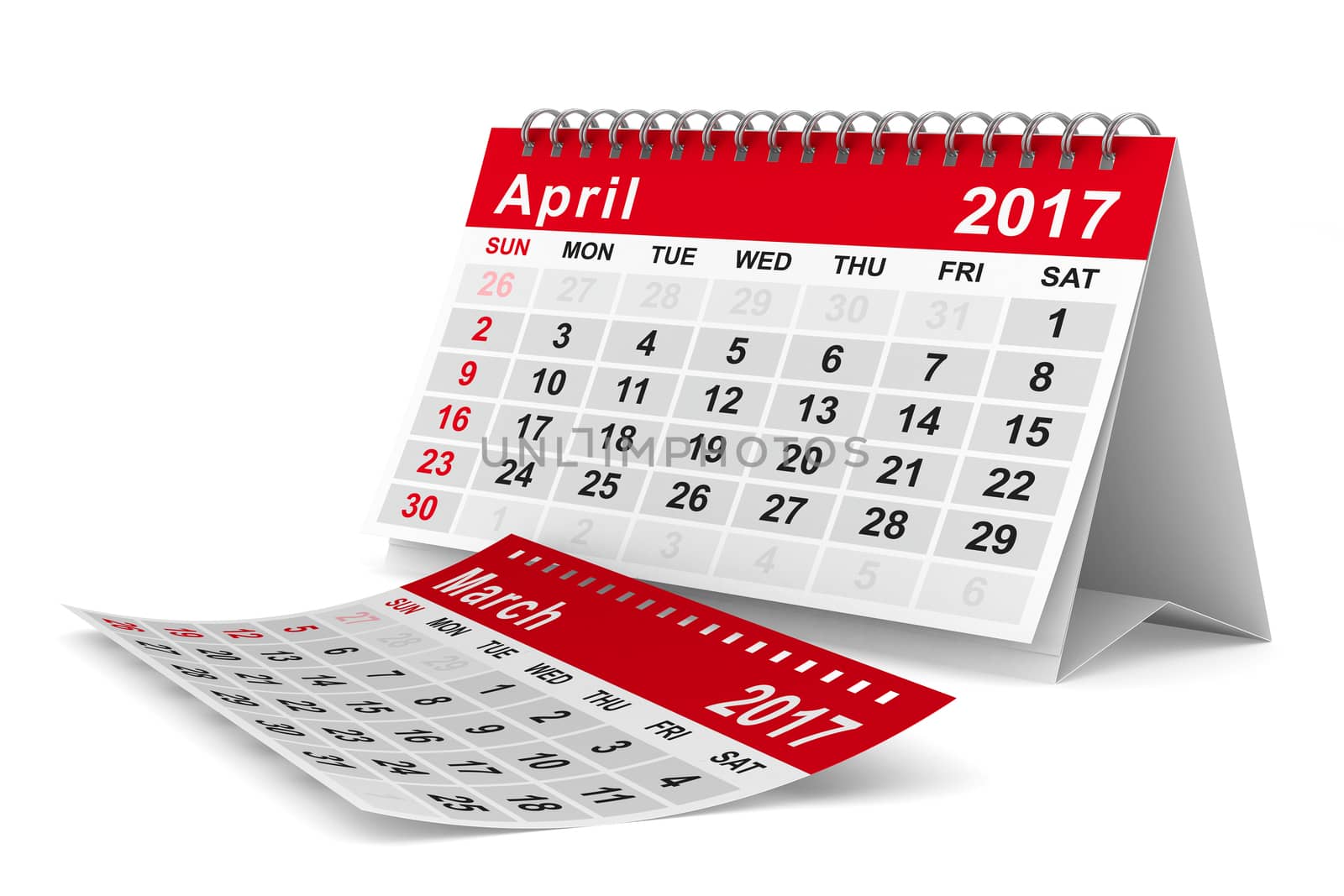 2017 year calendar. April. Isolated 3D image by ISerg