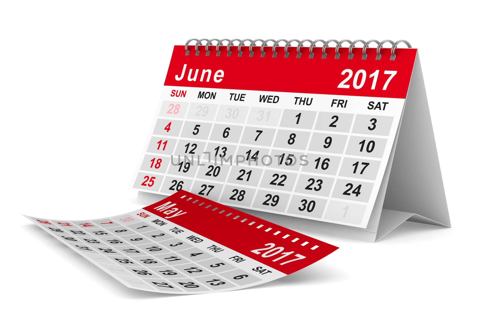 2017 year calendar. June. Isolated 3D image