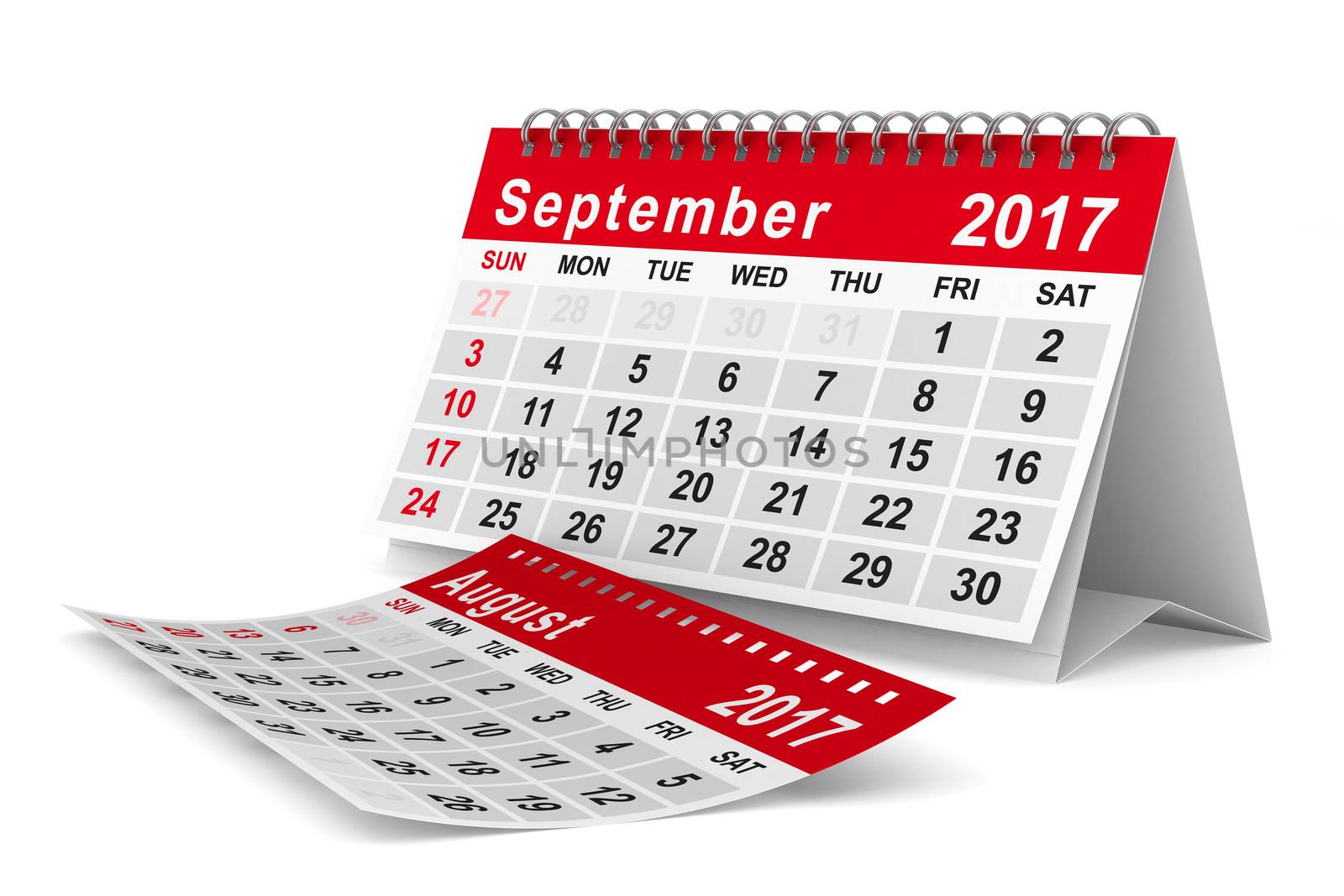 2017 year calendar. September. Isolated 3D image