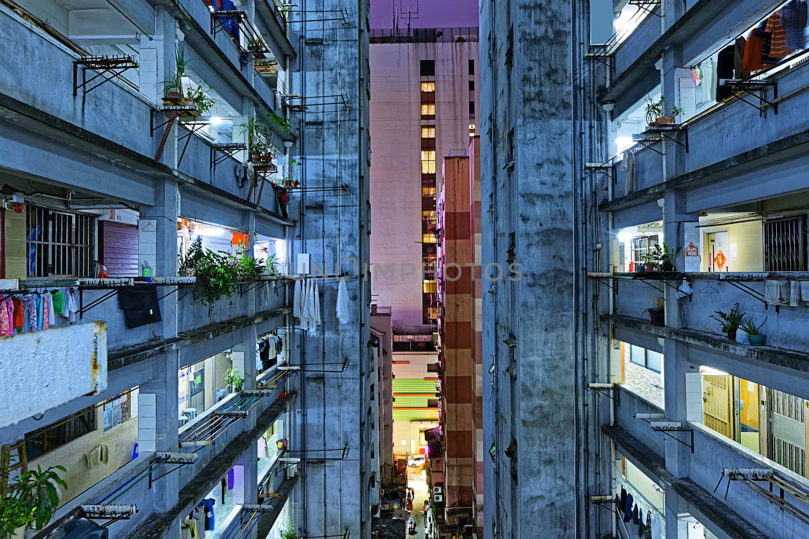 Hong kong slum downtown area at night