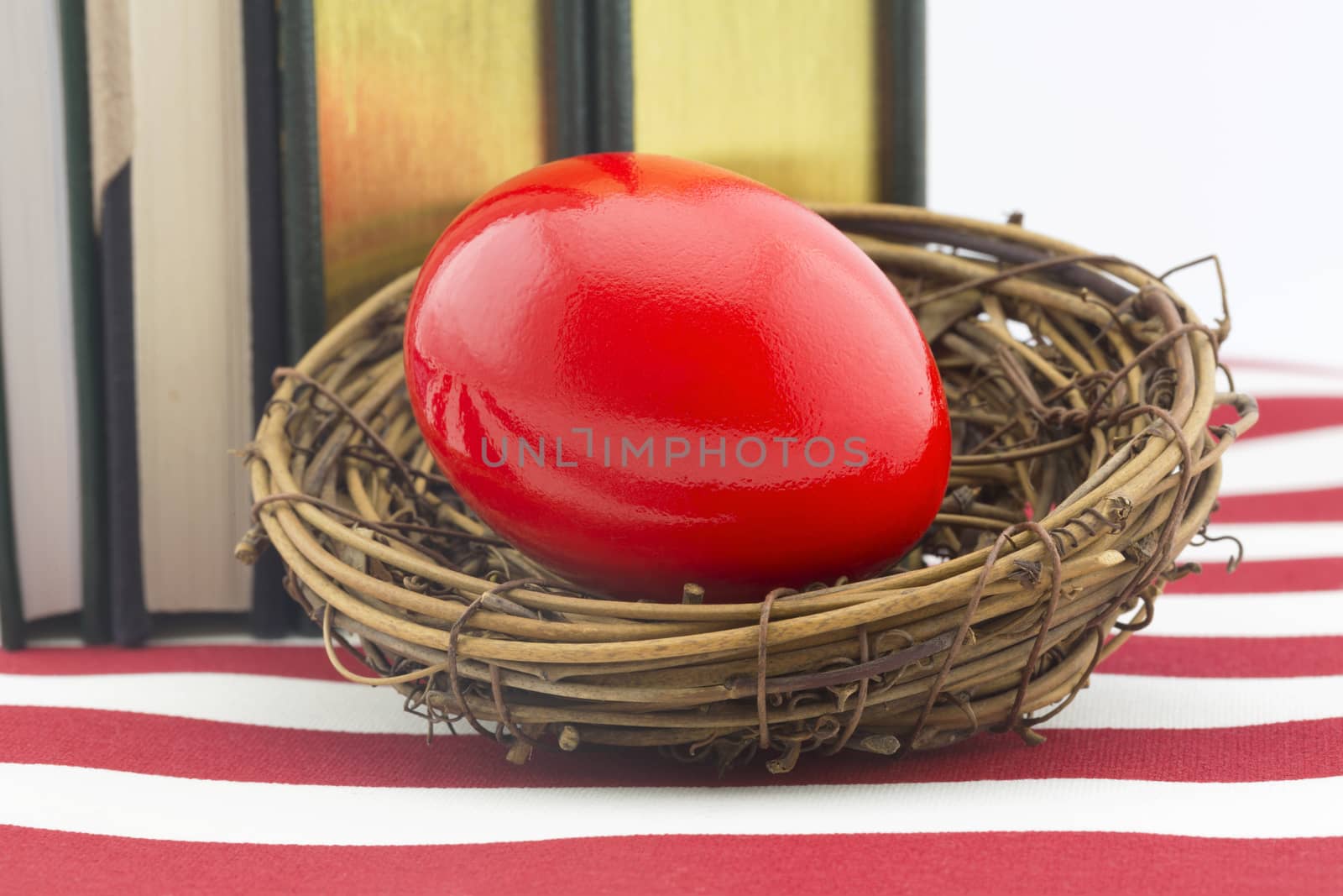 Red nest egg in front of books on American flag pattern.  Still life reflects how high cost of education builds debt and affects investments. 